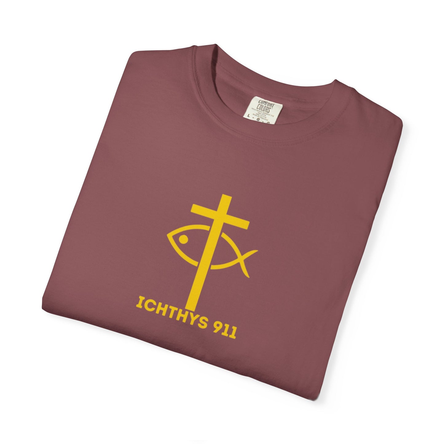 ICHTHYS 911 - "God Sees the Heart" Reverse' Gold Font - Unisex Garment - Dyed T-Shirt - 100% US Cotton - Men T-Shirt - Women T-Shirt - Inspirational Graphic T-Shirt for Everyday Motivation