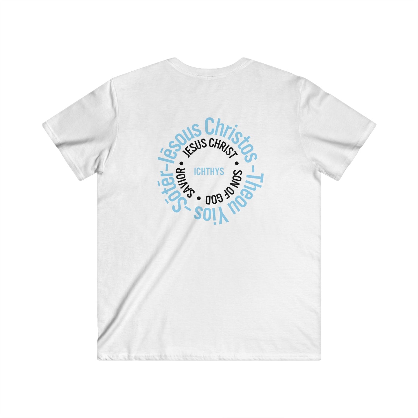 “Iēsous Christos, Theou Yios, Sōtēr" - Collection - Blue Font - Men's Fitted V-Neck Short Sleeve T - Shirt - Faith-Inspired - Christian Faith - ICHTHYS 911