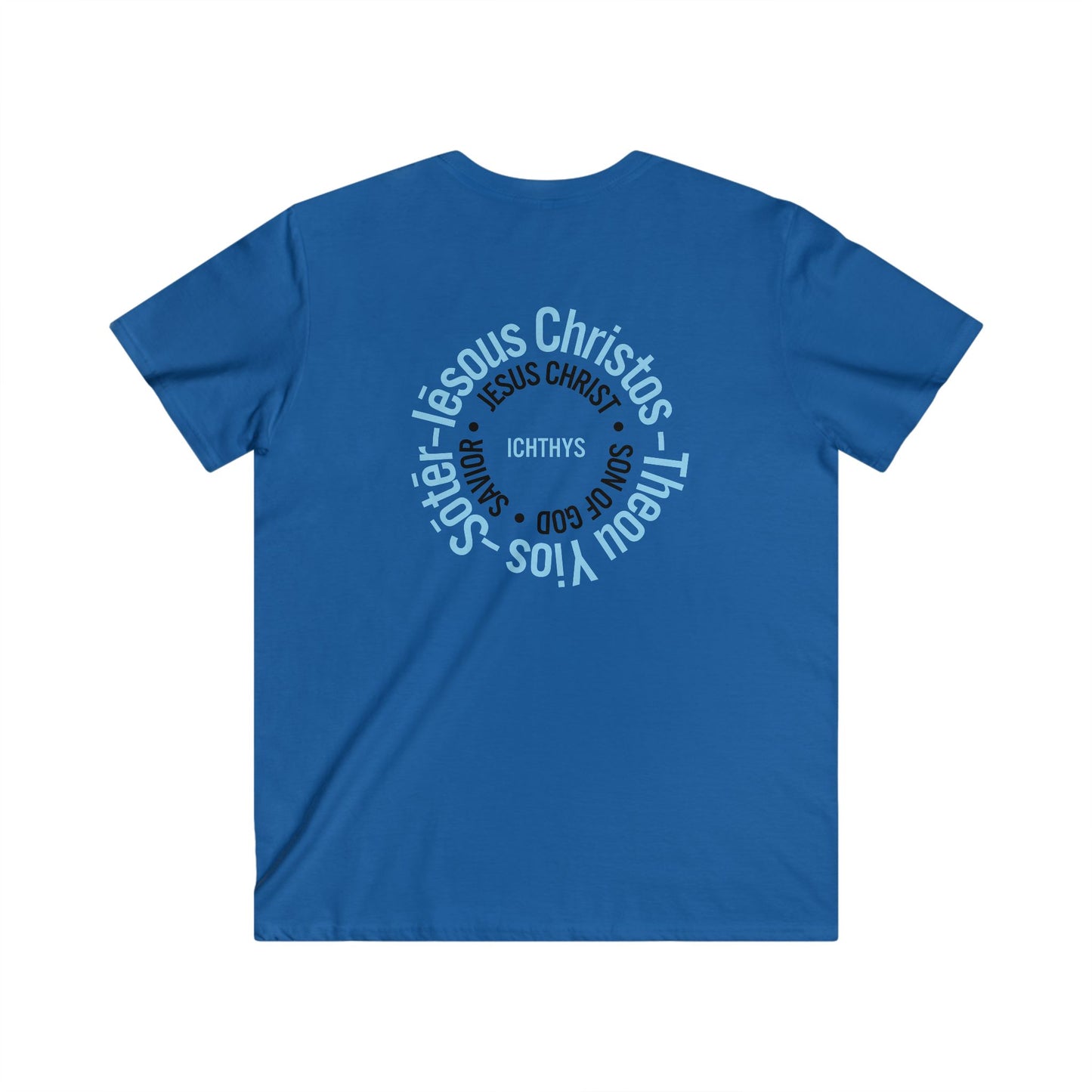 “Iēsous Christos, Theou Yios, Sōtēr" - Collection - Blue Font - Men's Fitted V-Neck Short Sleeve T - Shirt - Faith-Inspired - Christian Faith - ICHTHYS 911