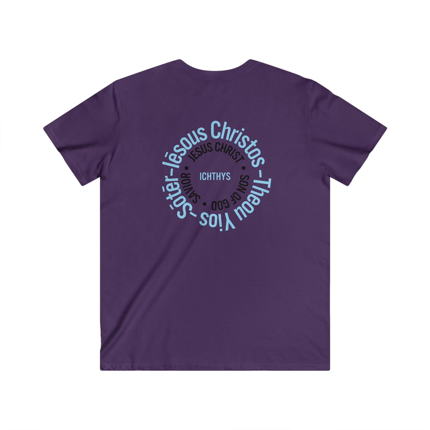 “Iēsous Christos, Theou Yios, Sōtēr" - Collection - Blue Font - Men's Fitted V-Neck Short Sleeve T - Shirt - Faith-Inspired - Christian Faith - ICHTHYS 911