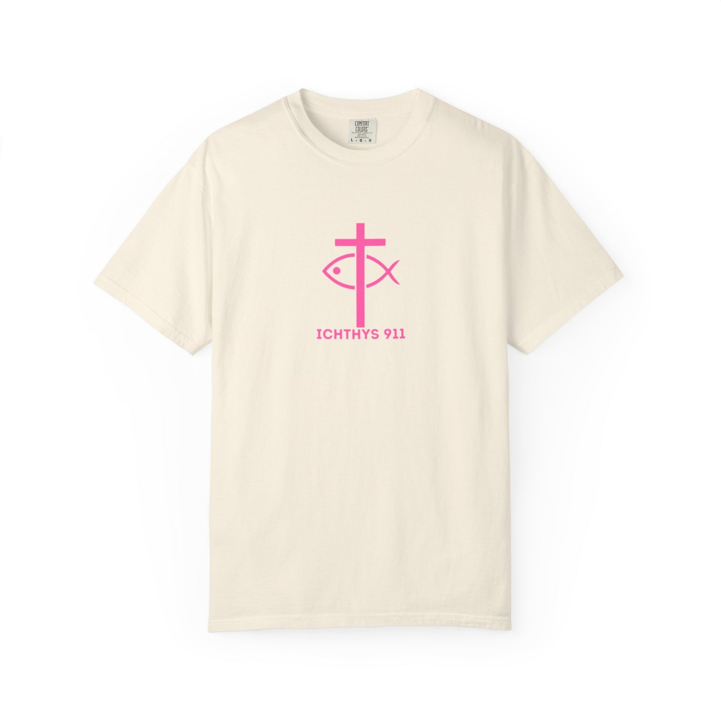 ICHTHYS 911 - "Authentic Design" - Pink Font - Unisex - Men T-Shirt - Women T-Shirt - Christian Streetwear T-Shirt – Jesus Gym & Faith Fashion, Unisex Garment-Dyed T-Shirt