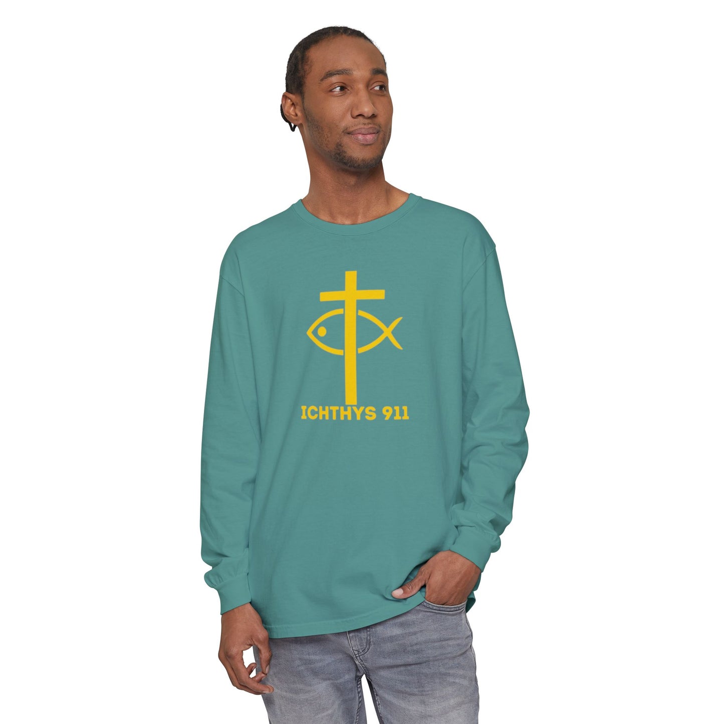 Authentic ICHTHYS 911 Collection -  Gold Font - Unisex Garment Dyed Long Sleeve T-Shirt - Men Long Sleeve - Women Long Sleeve - Christian Faith Symbol Tee - Faith Inspired