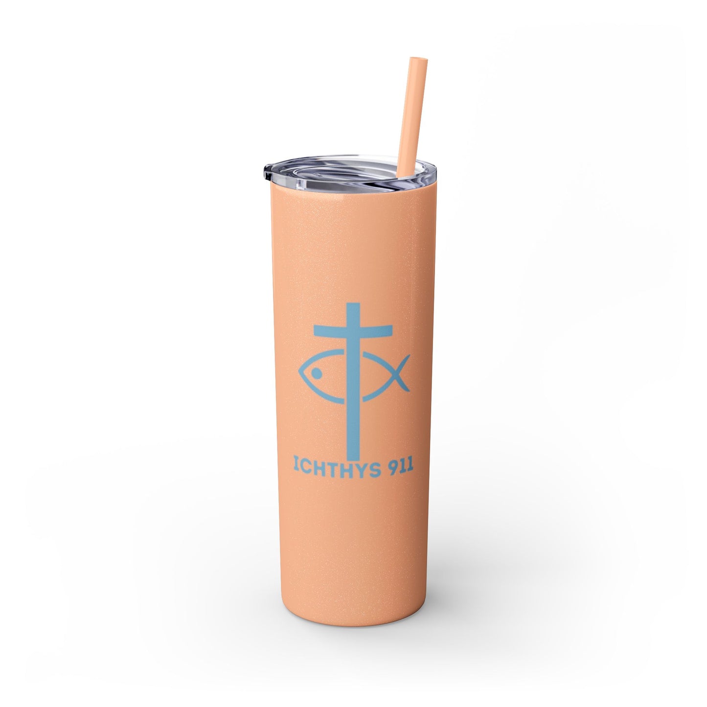 ICHTHYS 911 - Blue Font - Faith-Inspired Skinny Tumbler with Straw - 20oz Baby Shower Drip