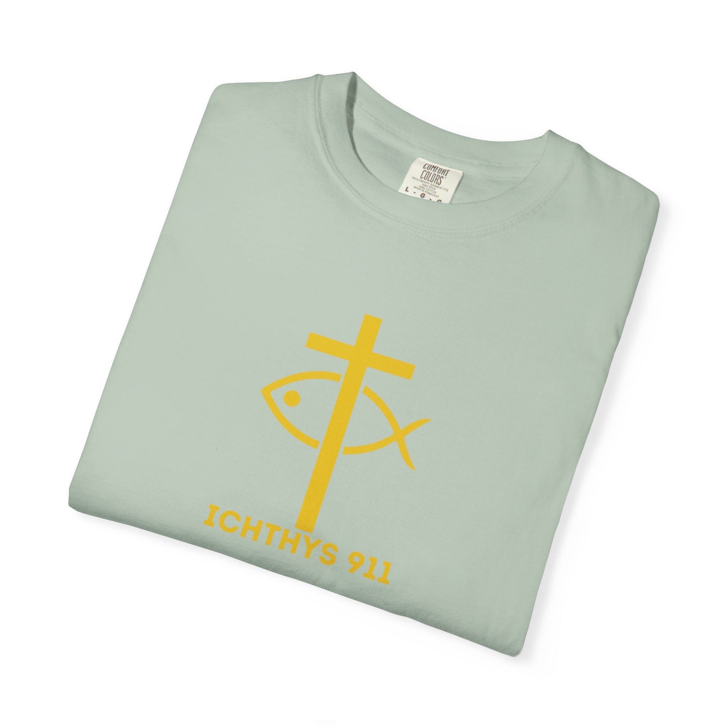 ICHTHYS 911 - "Jesus Christ Son of God Savior" - Gold Font - Unisex Garment Dyed T- Shirt - Men T-Shirt - Women T-Shirt - Christian Streetwear T-Shirt – Jesus Gym & Faith Fashion