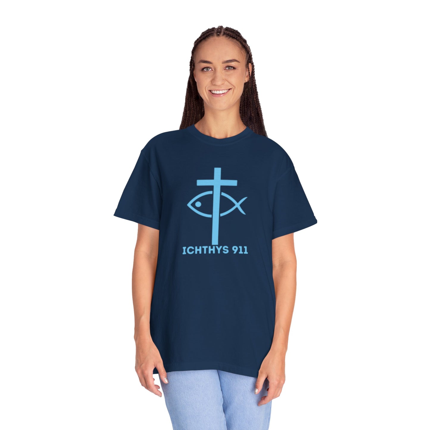 Jesus Christ Son of God Savior - Blue Font - Christian Streetwear T-Shirt – Jesus Gym & Faith Fashion, Unisex Garment-Dyed T-Shirt- ICHTHYS 911