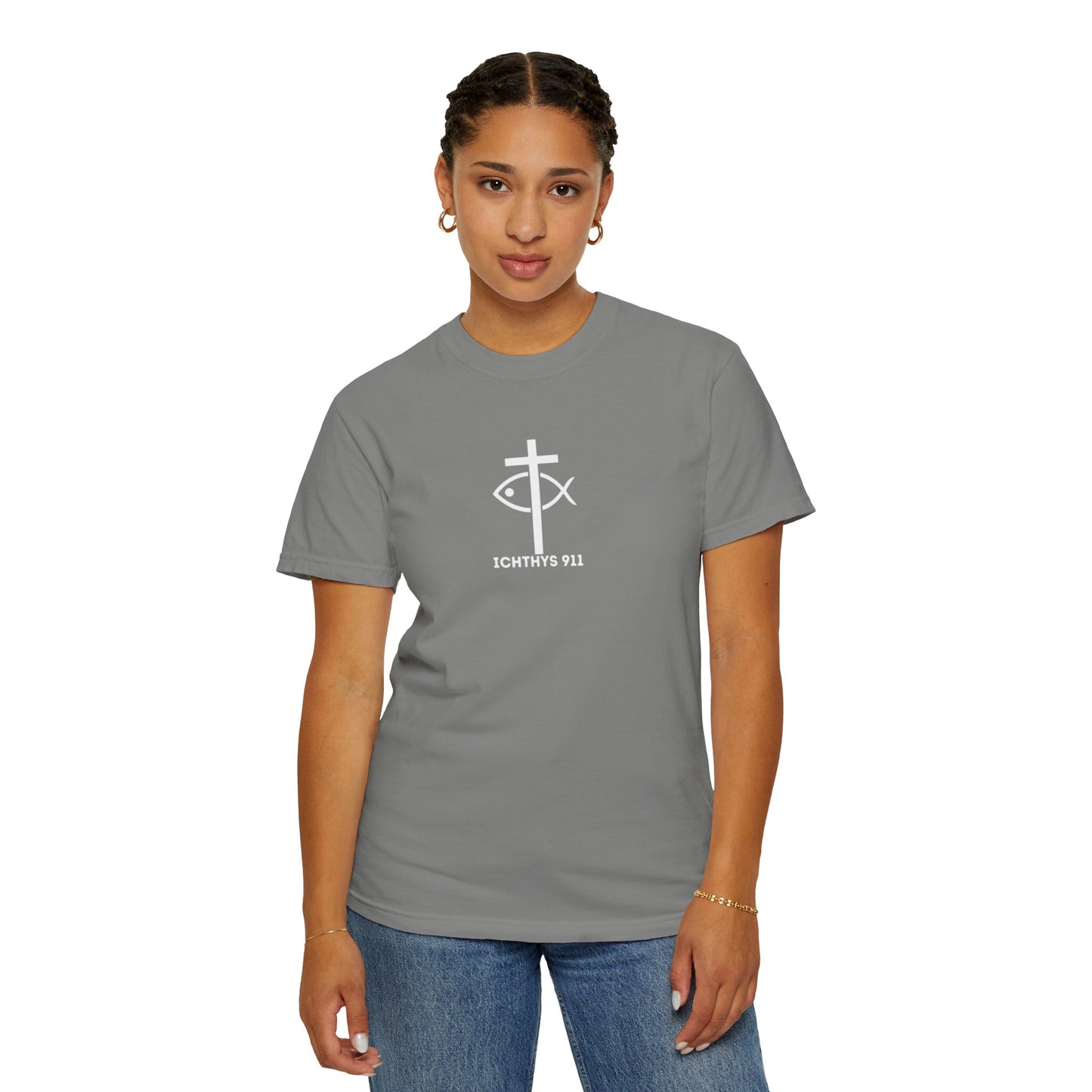 ICHTHYS 911 - White Font "Authentic" - Christian Streetwear T-Shirt – Unisex - Women T-Shirt - Men T-Shirt - Jesus Gym & Faith Fashion, Unisex Garment-Dyed T-Shirt