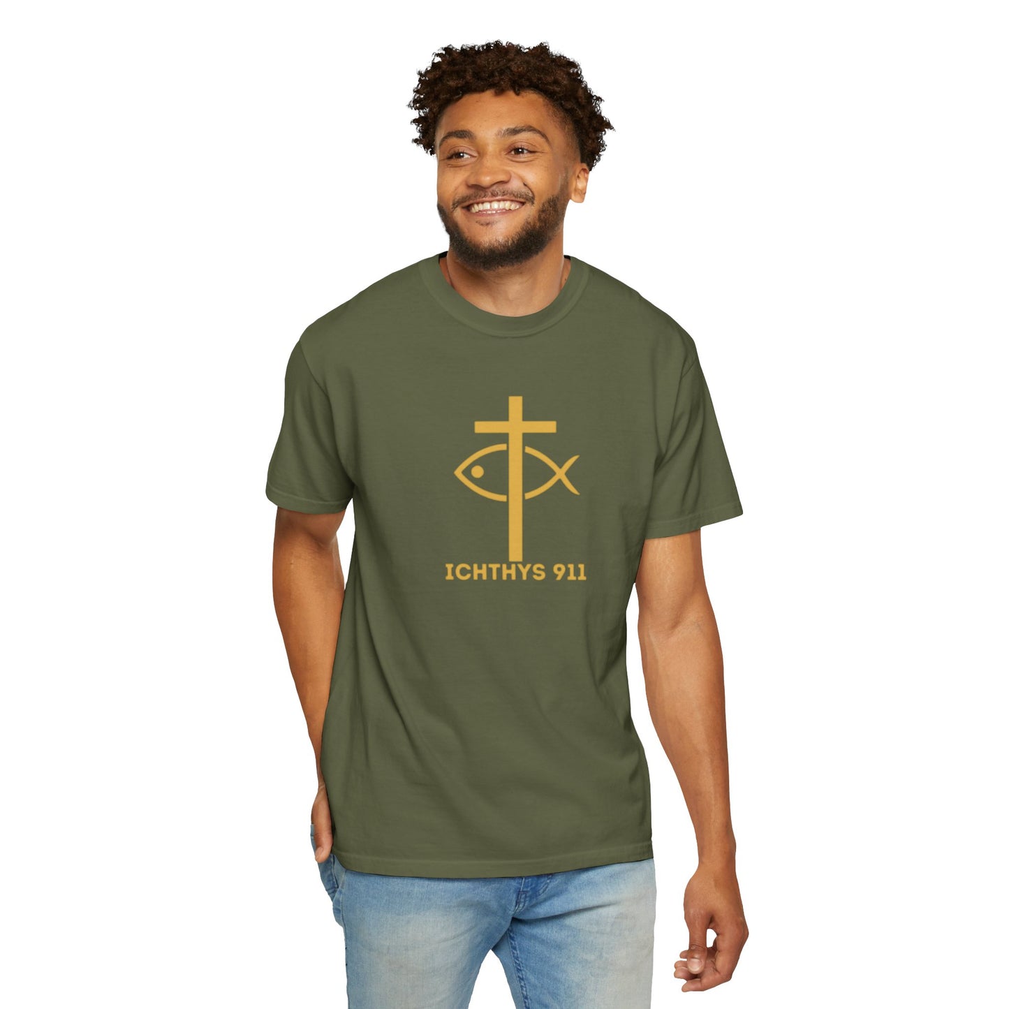 Iēsous Christos, Theou Yios, Sōtēr = Jesus Christ, Son of God, Savior - Gold Font - Unisex Garment Dyed T- Shirt - Men T-Shirt - Women T-Shirt - Christian Streetwear T-Shirt – Jesus Gym & Faith Fashion,ICHTHYS 911 -