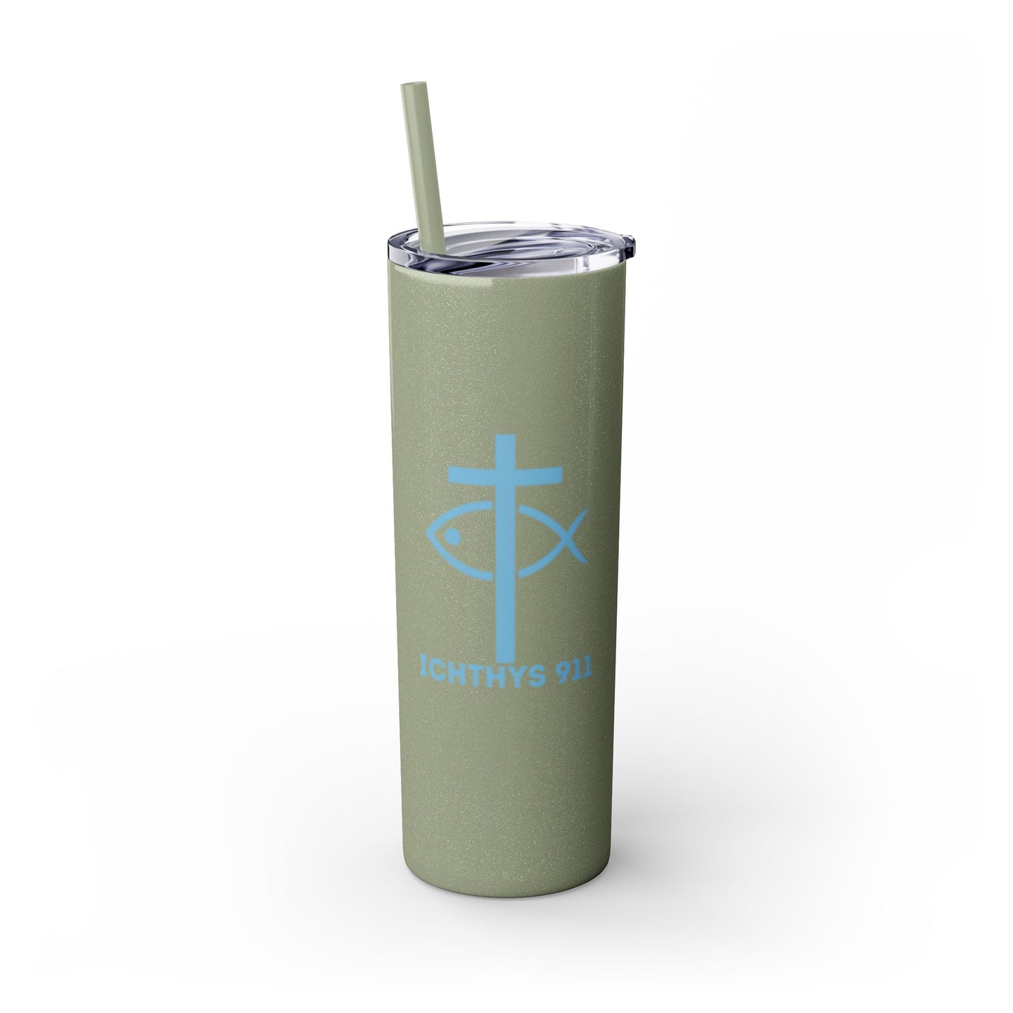 ICHTHYS 911 - Blue Font - Faith-Inspired Skinny Tumbler with Straw - 20oz Baby Shower Drip