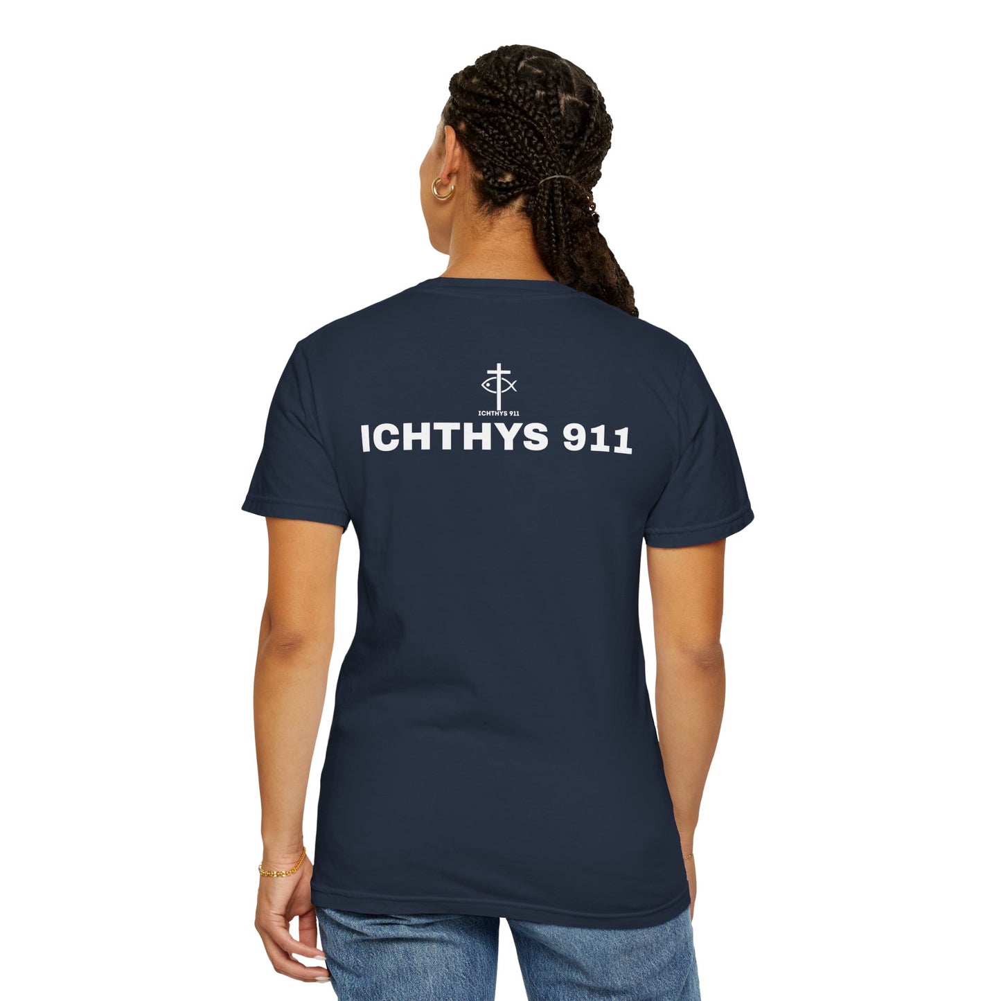 ICHTHYS 911 - White Font "Authentic" - Unisex - Men T-Shirt - Women T-Shirt - Christian Streetwear T-Shirt - Jesus Gym & Faith Fashion, Unisex Garment-Dyed T-Shirt