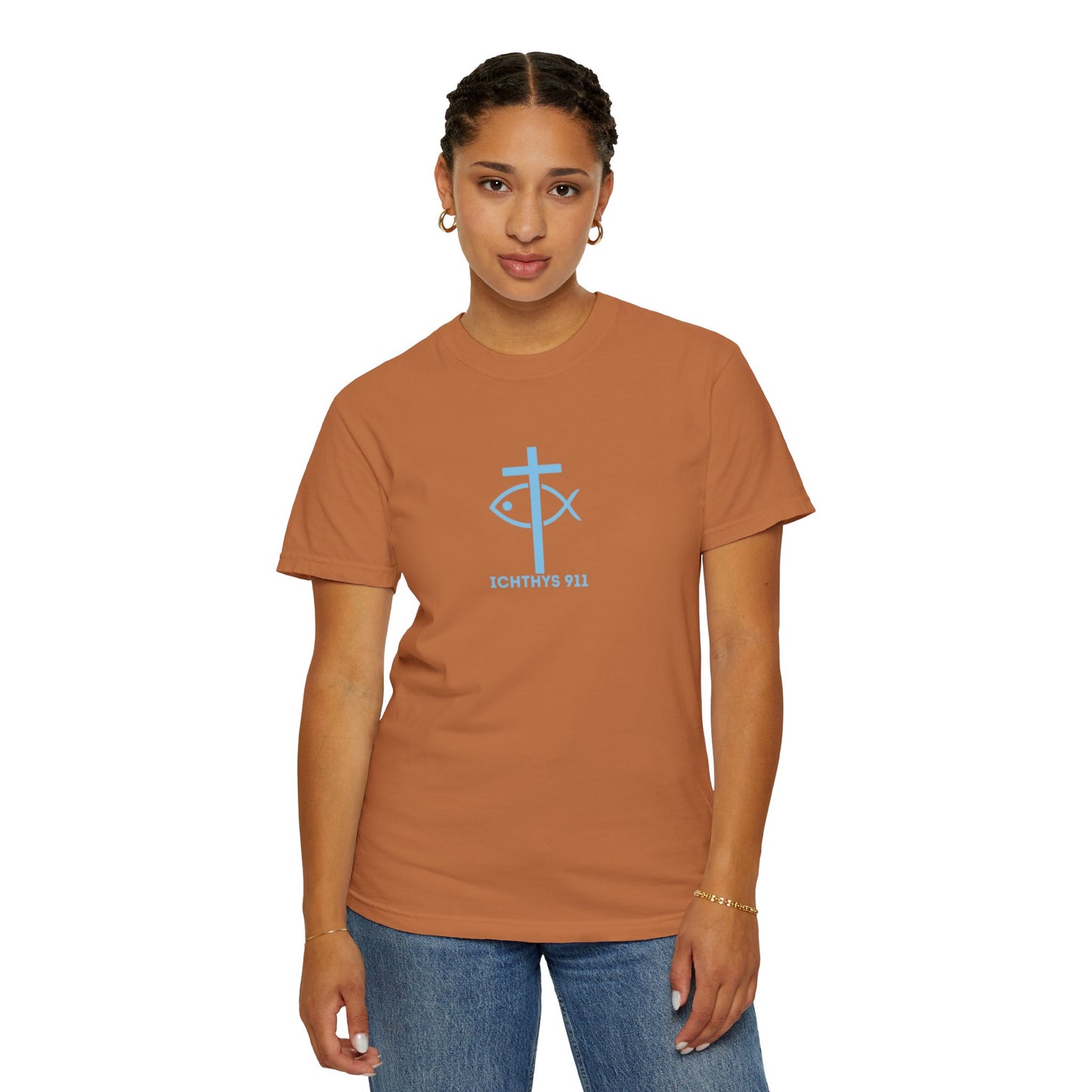 ICHTHYS 911 - Blue Font "Faith, Hope, & Love" - Unisex T-Shirt - Men T-Shirt - Christian Women Tee - Faith-Inspired Shirt - Christian Fashion - Wear Your Faith