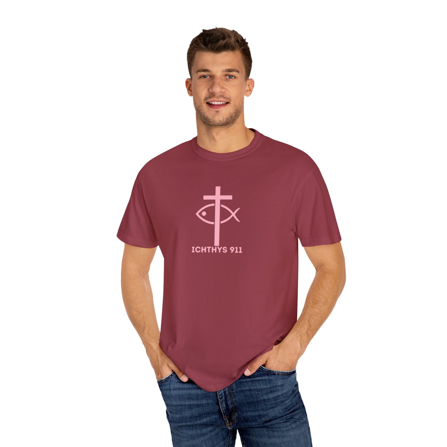 ICHTHYS 911 Pink Font "Faith, Hope, & Love" - Unisex Garment Dyed T-Shirt - 100% US Cotton - Men T-Shirt - Christian Women Tee - Faith-Inspired Shirt - Christian Fashion - Wear Your Faith - Additional Colors Added