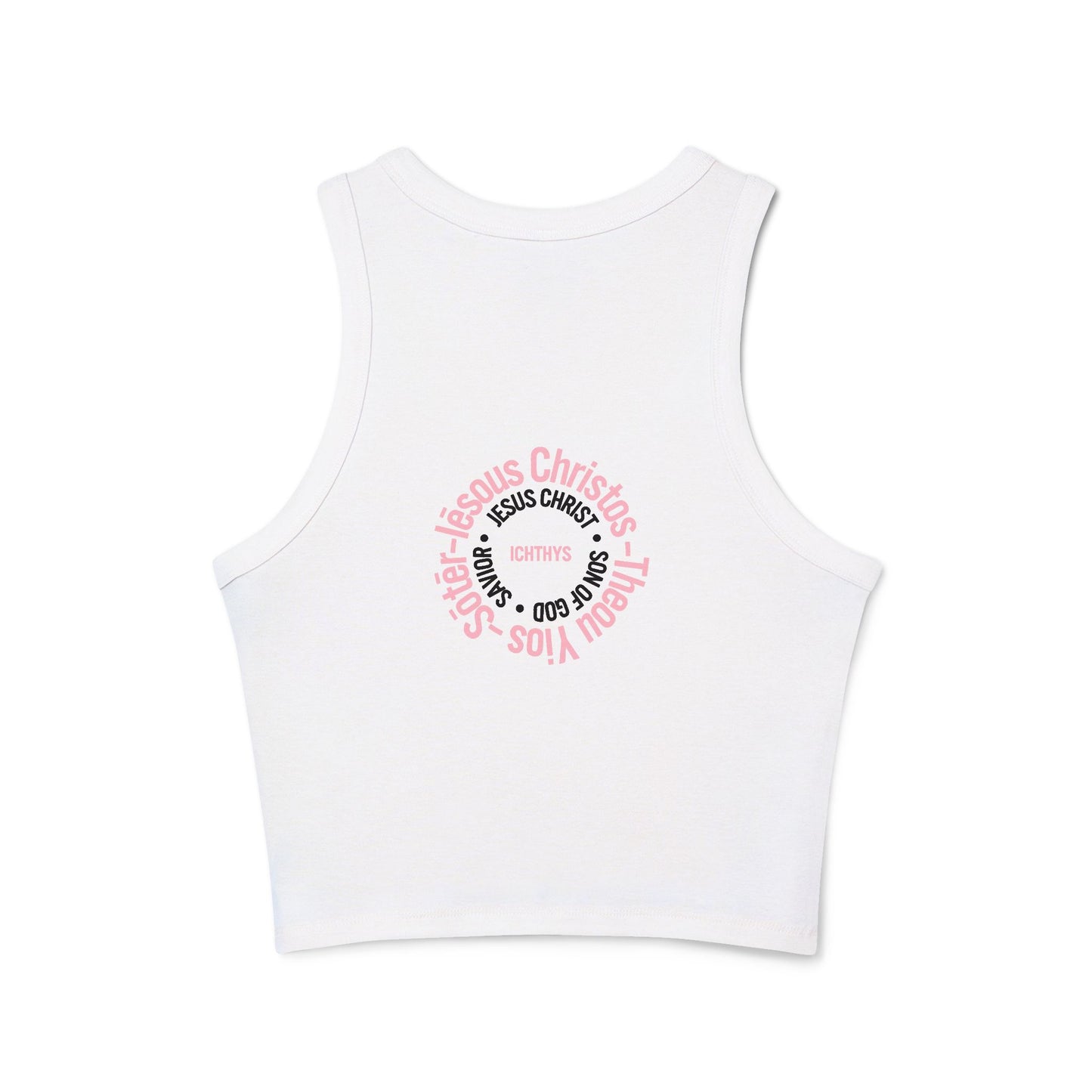 ICHTHYS 911 - Pink & Black Font "Iēsous Christos, Theou Yios, Sōtēr" - Faith-Inspired Women's Micro Rib Racer Tank Top - Cute Jesus Christ Design - Women Tank - Christian - Work Out