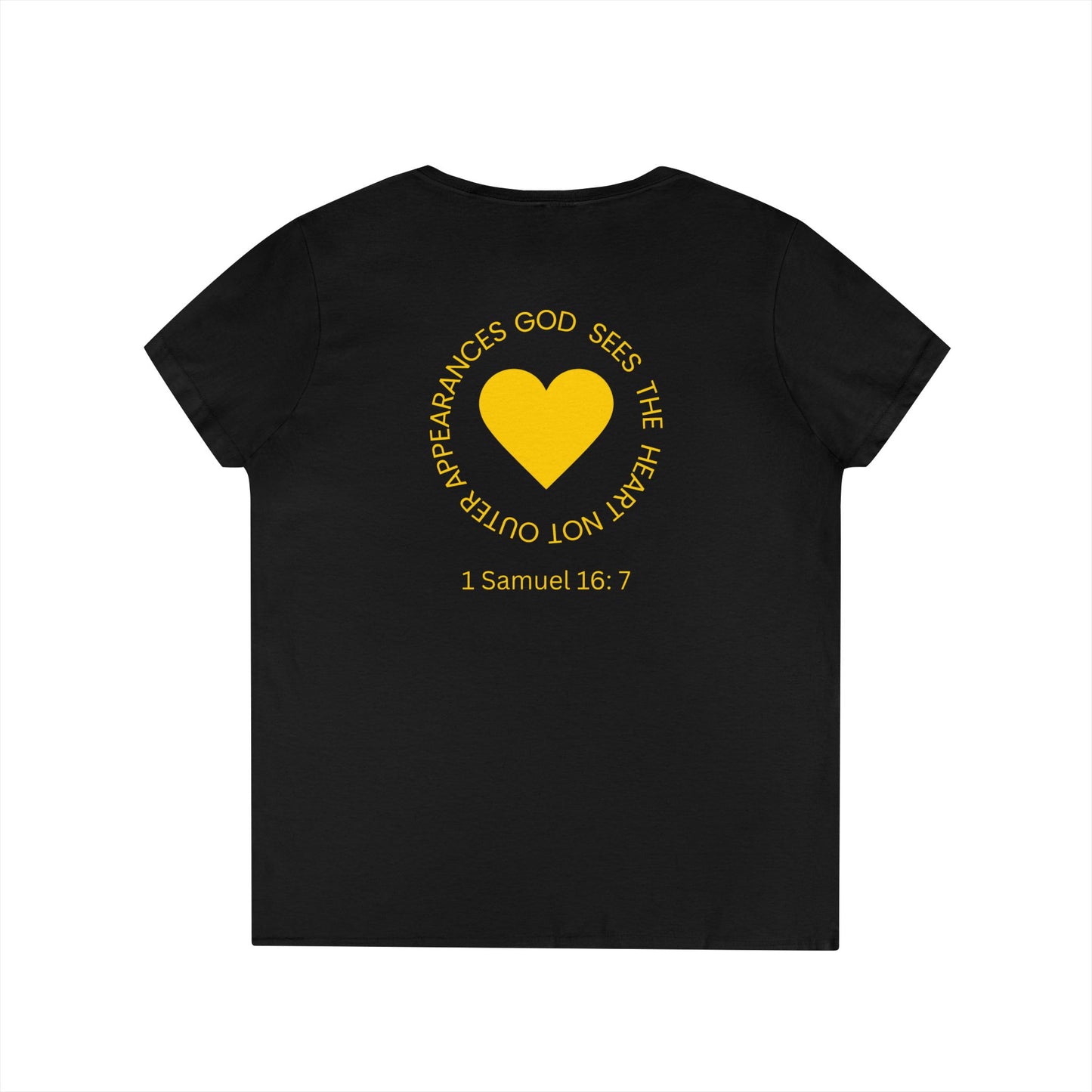 God Sees The Heart Gold Font Women’s Faith-Inspired V-Neck T-Shirt - ICHTHYS 911 Design911 Design