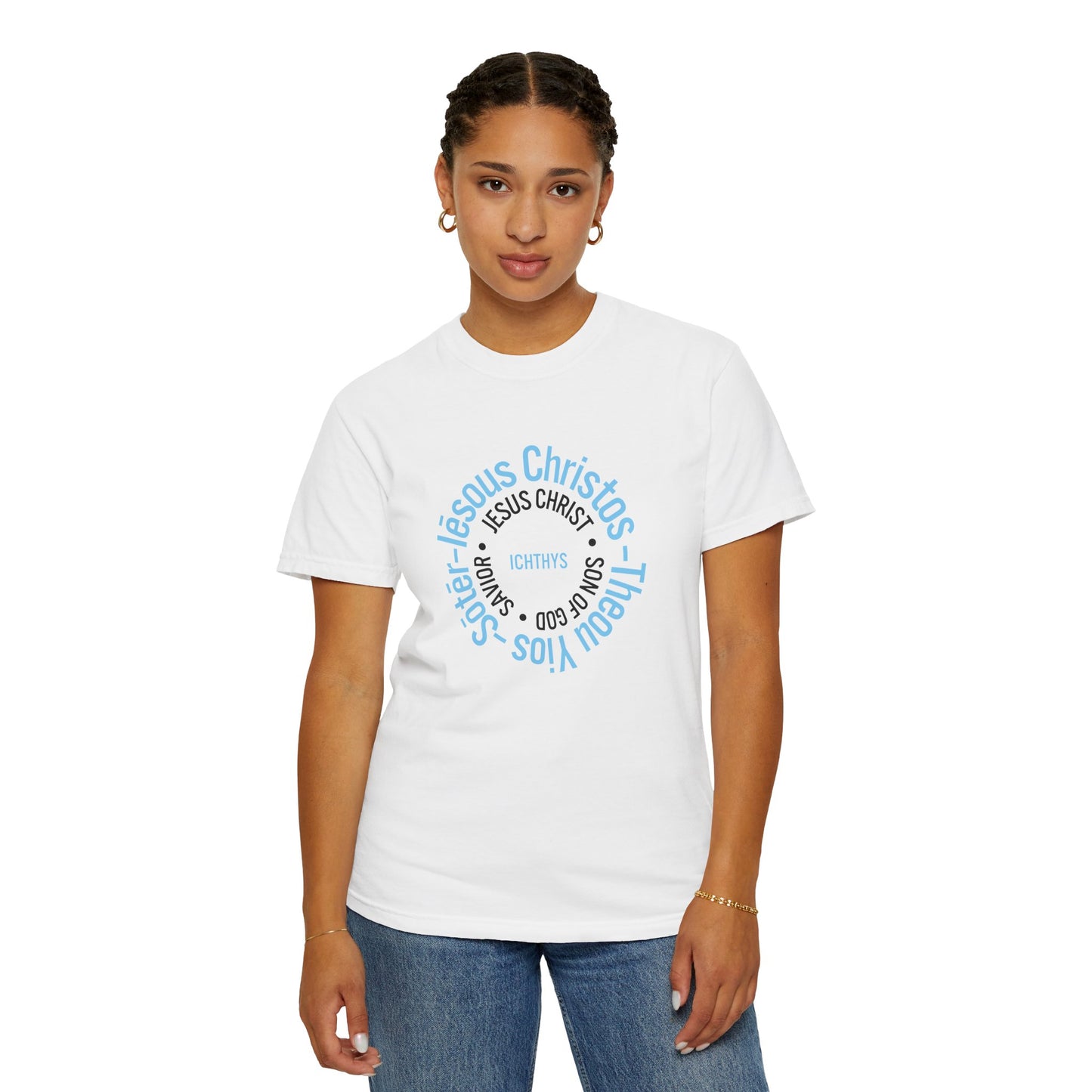 ICHTHYS 911 Blue Font "Iēsous Christos, Theou Yios, Sōtēr" - Reverse - Collection - Unisex - Christian Graphic Tee - Gym - T - Christian Faith - Jesus Wear - Women T-Shirt - Men T-Shirt