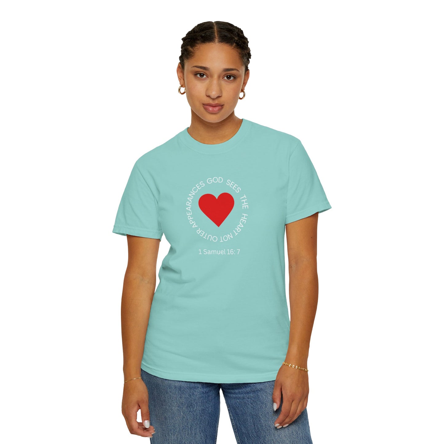 ICHTHYS 911 - "God Sees the Heart" Reverse Design - White Font - Unisex Garment - Dyed T-Shirt - 100% US Cotton - Men T-Shirt - Women T-Shirt - Inspirational Graphic T-Shirt for Everyday Motivation