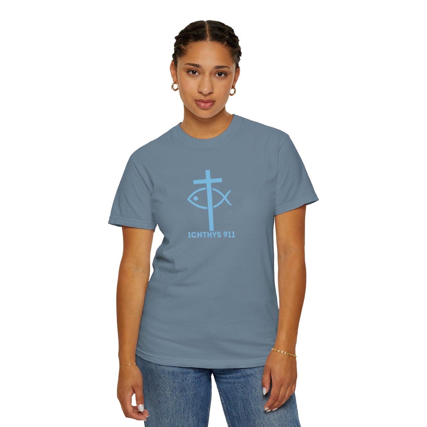 Iēsous Christos, Theou Yios, Sōtēr - Blue Font - Garment-Dyed Unisex T-Shirt - 100# US Cotton -Men T-Shirt - Women T-Shirt - Faith Inspired - Unisex Garment - ICHTHYS 911 - Blue Font - Heavy Duty Shirt