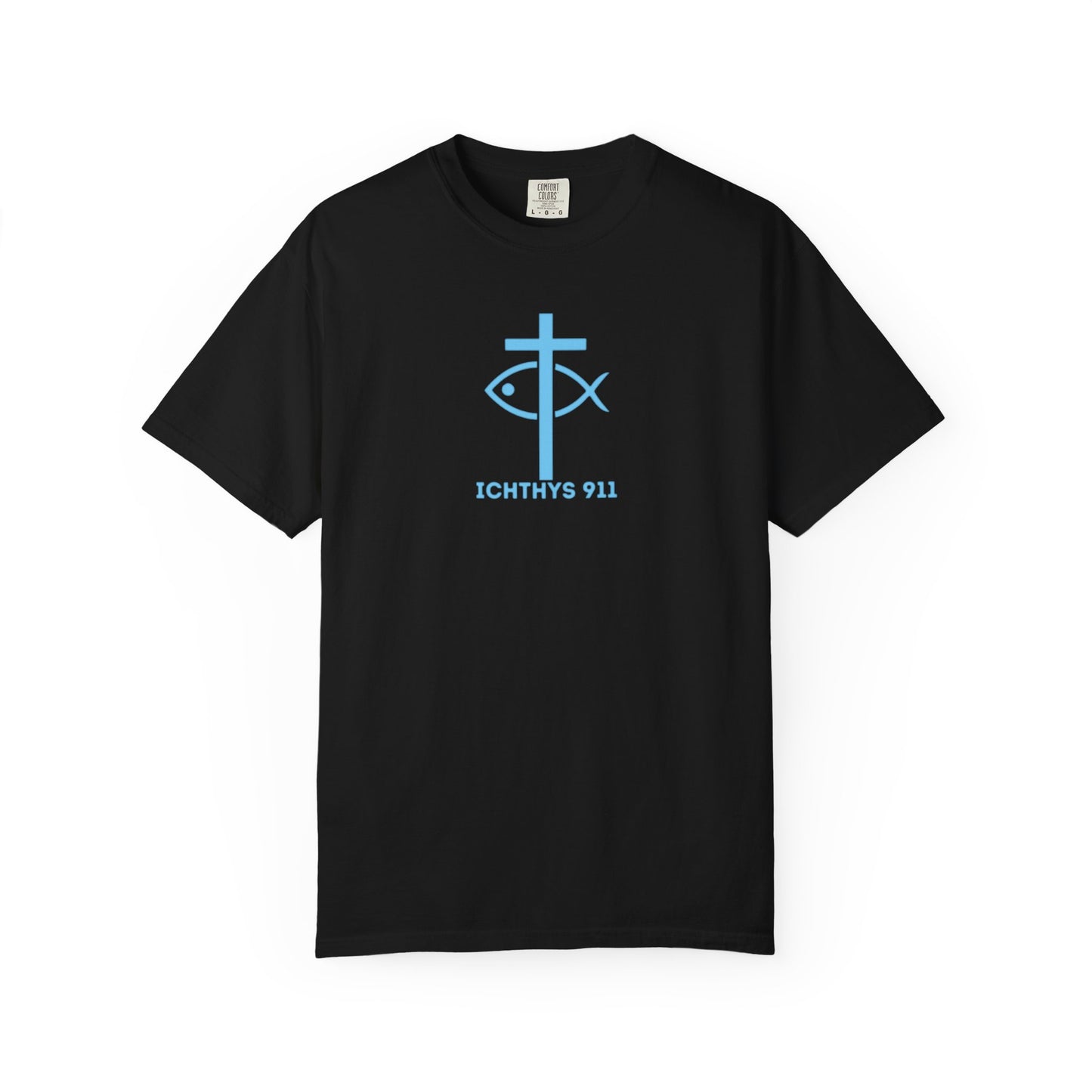 Jesus Christ Son of God Savior - Blue Font - Christian Streetwear T-Shirt – Jesus Gym & Faith Fashion, Unisex Garment-Dyed T-Shirt, ICHTHYS911, Men T-Shirt, Women T-Shirt