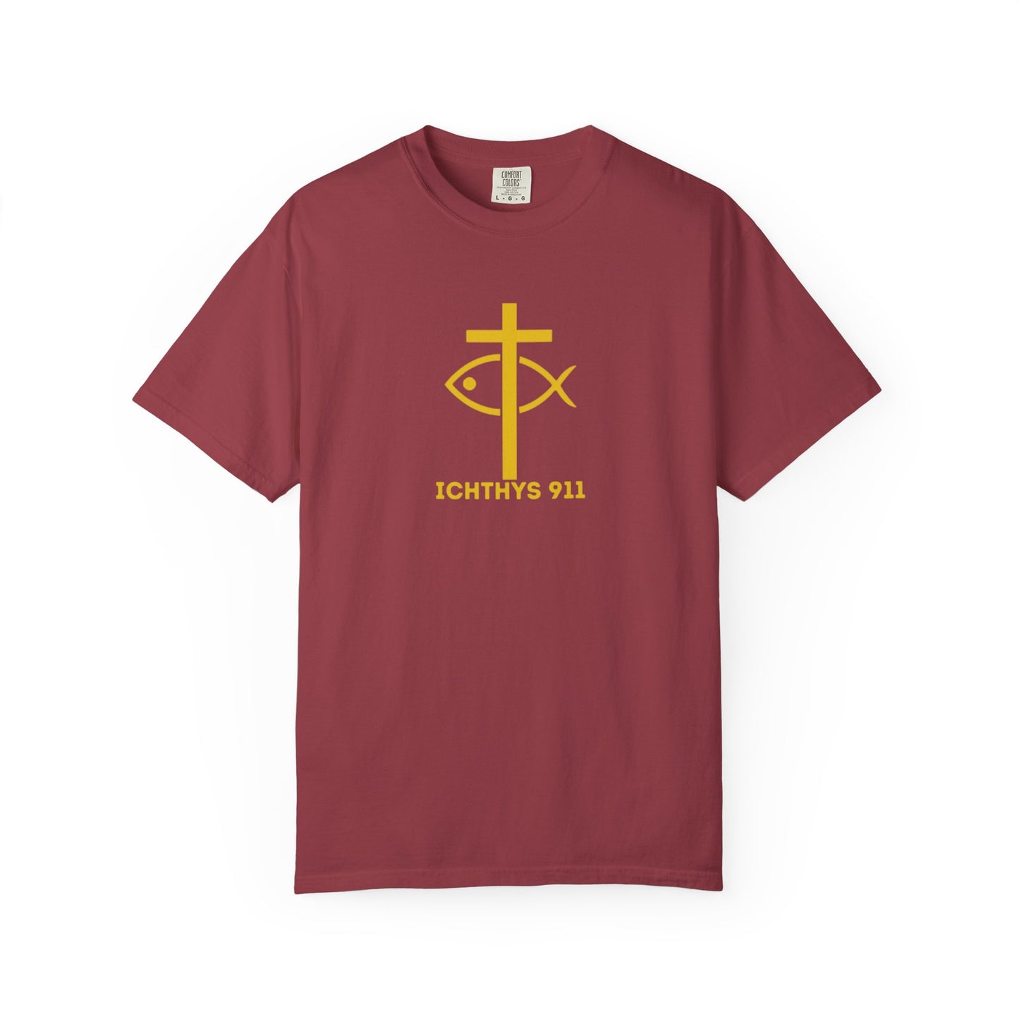 "Jesus Christ Son of God Savior" - Gold Font - Unisex Garment Dyed T- Shirt - Men T-Shirt - Women T-Shirt - Christian Streetwear T-Shirt – Jesus Gym & Faith Fashion,ICHTHYS 911 -