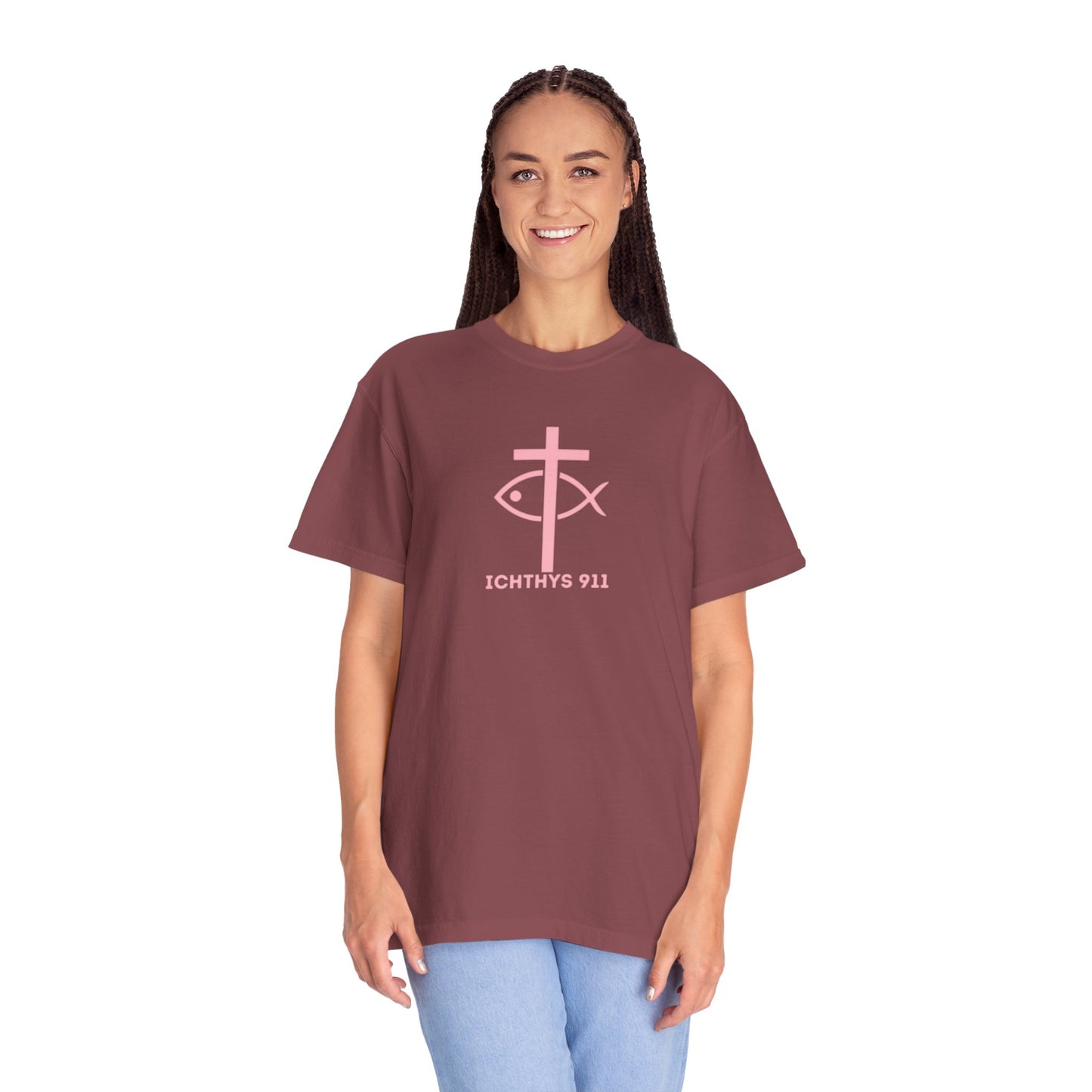 ICHTHYS 911 Pink Font "Faith, Hope, & Love" - Unisex Garment Dyed T-Shirt - 100% US Cotton - Men T-Shirt - Christian Women Tee - Faith-Inspired Shirt - Christian Fashion - Wear Your Faith - Additional Colors Added