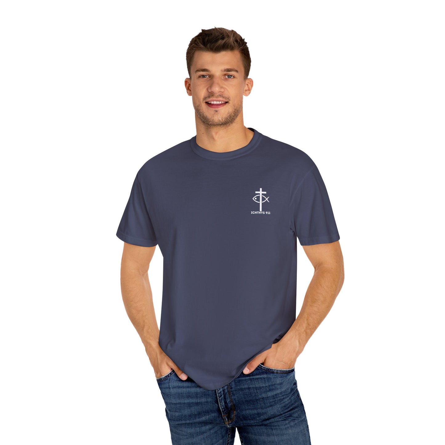 ICHTHYS 911 Badge Collection - White Font - Unisex  Garment Dyed T-Shirt - 100% US Cotton - Men T-Shirt - Women T-Shirt - Christian Graphic Tee - Gym - T - Christian Faith - Jesus Wear - White Font