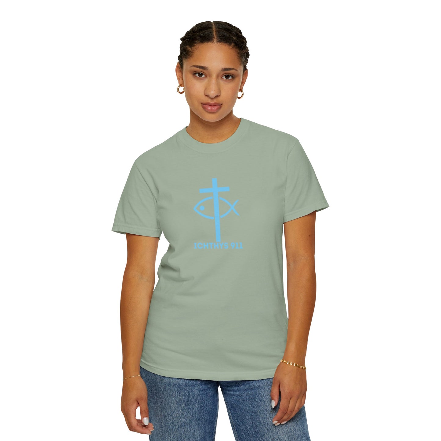 Jesus Christ Son of God Savior - Blue Font - Unisex Garment Dyed T- Shirt - Men T-Shirt - Women T-Shirt - Christian Streetwear T-Shirt – Jesus Gym & Faith Fashion - ICHTHYS 911