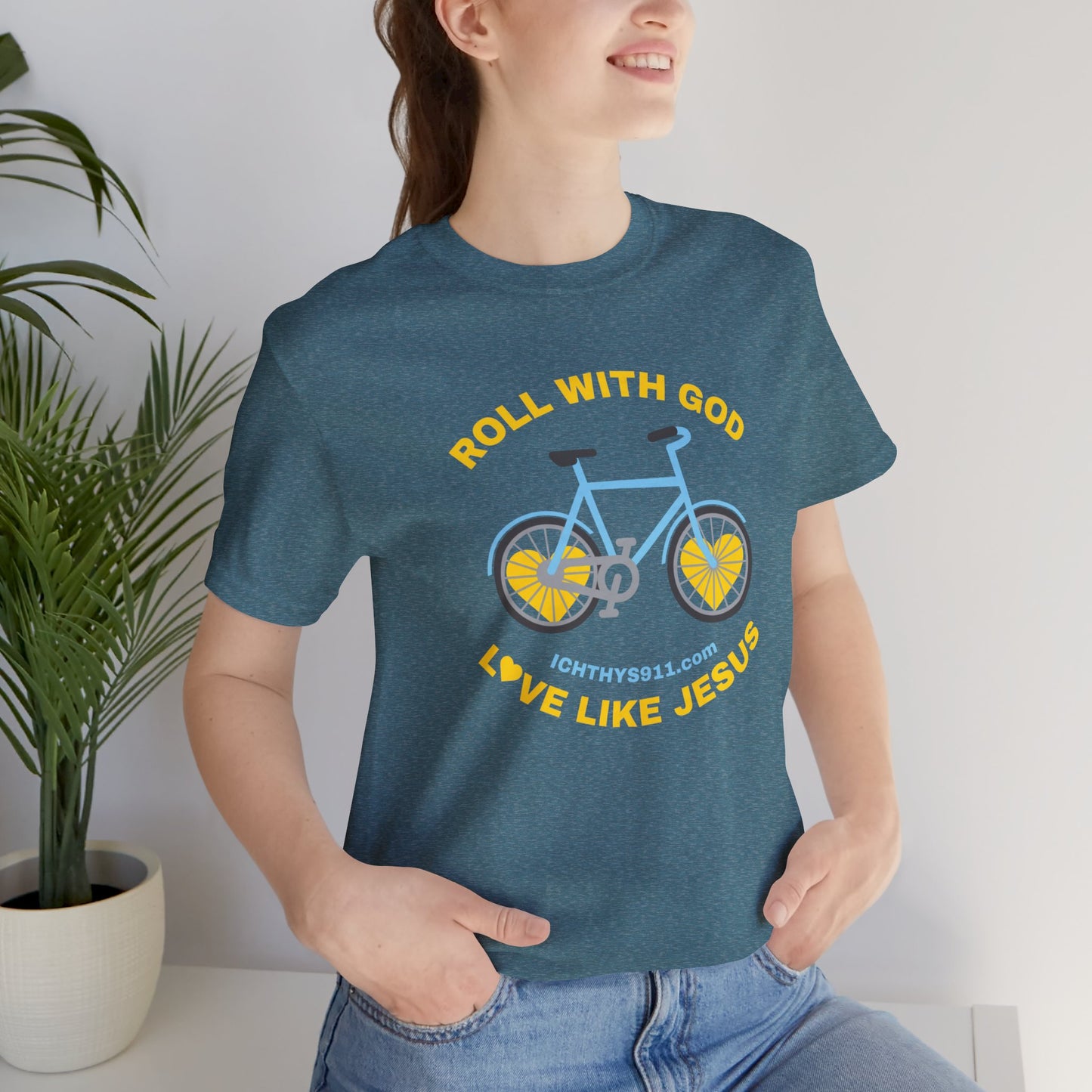 ICHTHYS 911 - "Roll With God Love Like Jesus" - Reverse Design - Unisex T- Shirt - Lightweight 100% Cotton - Summer T - Arm Form Fitting - Men T- Shirt - Women T-Shirt - Christian T-Shirt - Love Like Jesus