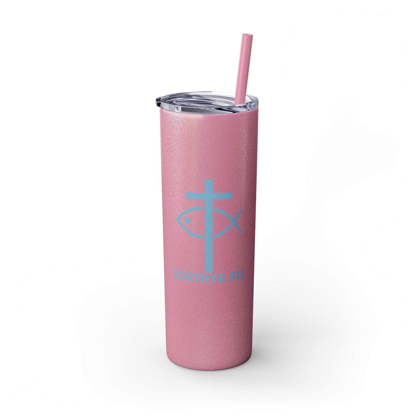 ICHTHYS 911 - Blue Font - Faith-Inspired Skinny Tumbler with Straw - 20oz Baby Shower Drip