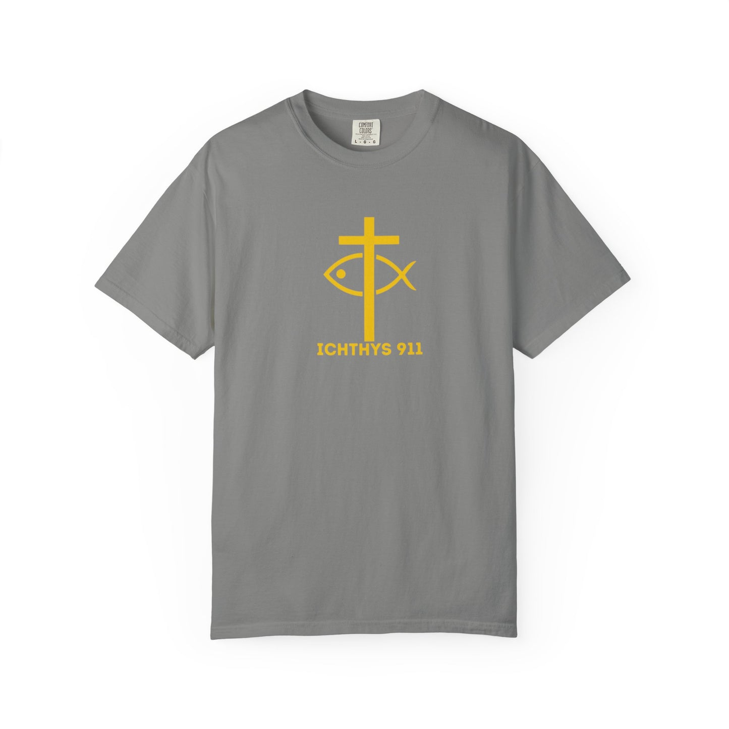 ICHTHYS 911 Gold Font "Faith, Hope, & Love" - Unisex Garment Dyed T-Shirt - 100# US Cotton - Men T-Shirt - Women T-Shirt - Christian T- Shirt -Faith-Inspired Shirt - Christian Fashion - Wear Your Faith