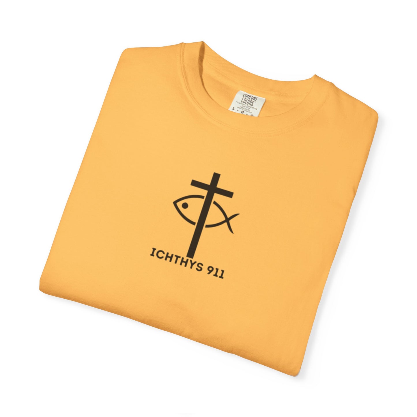 ICHTHYS 911 Black Font - "Run With Endurance Hebrews 12:1" - Unisex Garment Dyed T-Shirt -100% US Cotton - Men T-Shirt - Women T-Shirt - Bible Verse - Christian Faith - Christian Workout