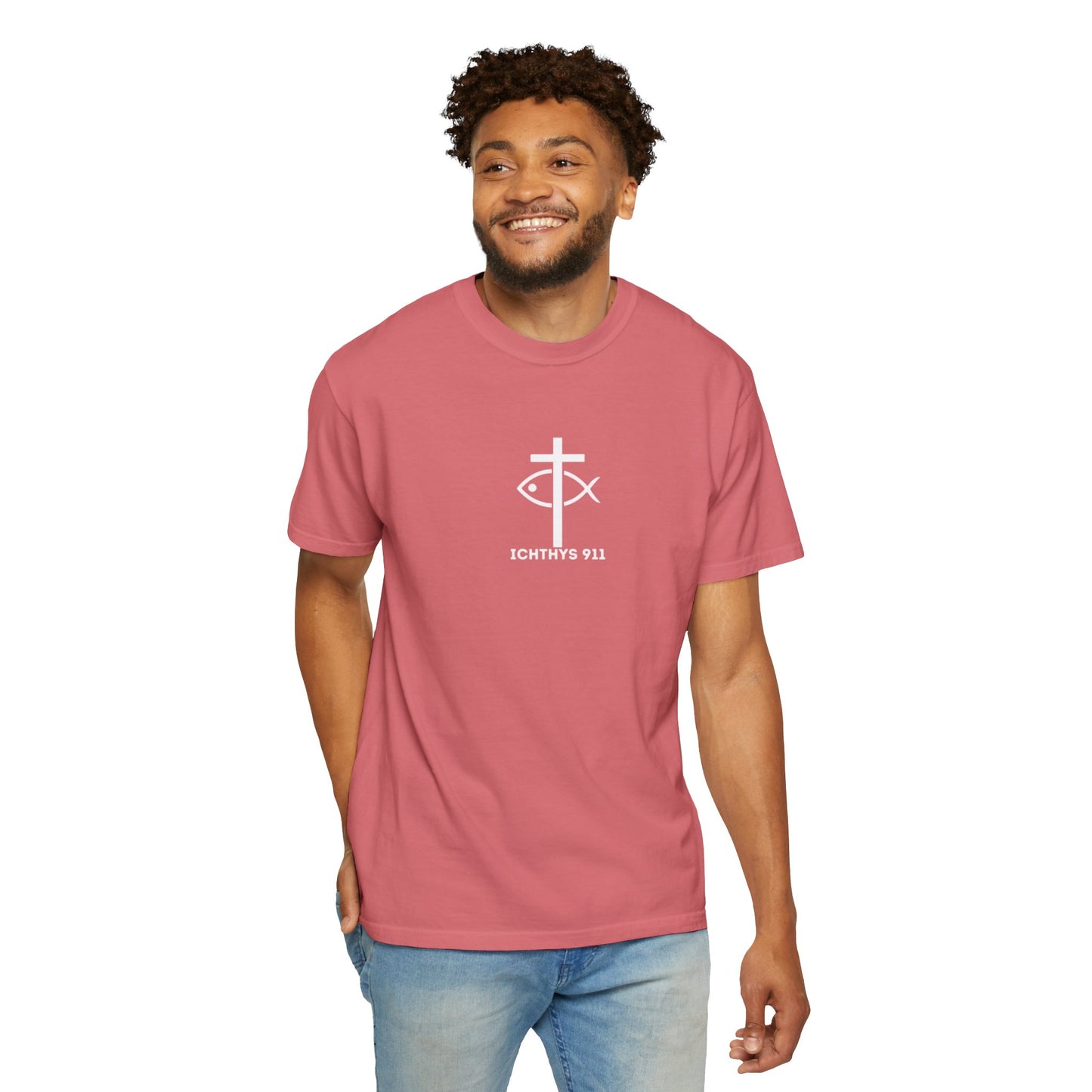 ICHTHYS 911 - White Font "Faith, Hope, & Love" - Garment Dyed - 100% US Cotton - Unisex T-Shirt - Men T-Shirt - Christian Women Tee - Faith-Inspired Shirt - Christian Fashion - Wear Your Faith - Additional Colors