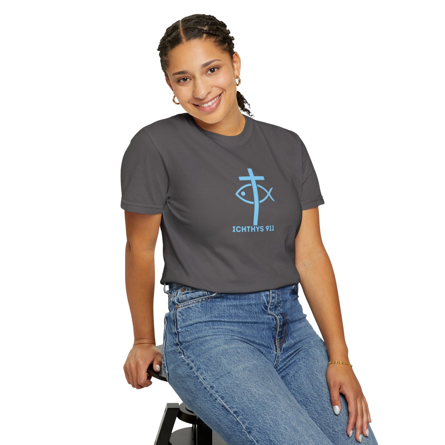 ICHTHYS 911 - Blue Font "Iēsous Christos, Theou Yios, Sōtēr" - Garment-Dyed - 100% US Cotton - Unisex T-Shirt - Men T-Shirt - Women T-Shirt - Christian Symbol - Greek - Faith Inspired -Christian Streetwear – Jesus Gym & Faith Fashion, Unisex Garment