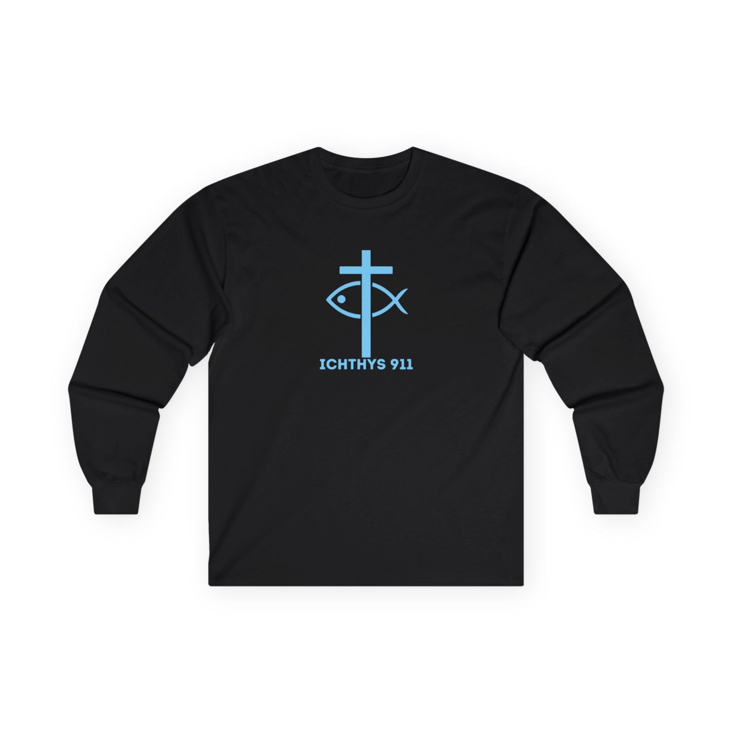 Strength Through Christ Philippians 4:13 - Blue Font - Unisex Shirt - Men - Women - Christian Activewear - Wear Your Faith Long Sleeve Tee - ICHTHYS 911