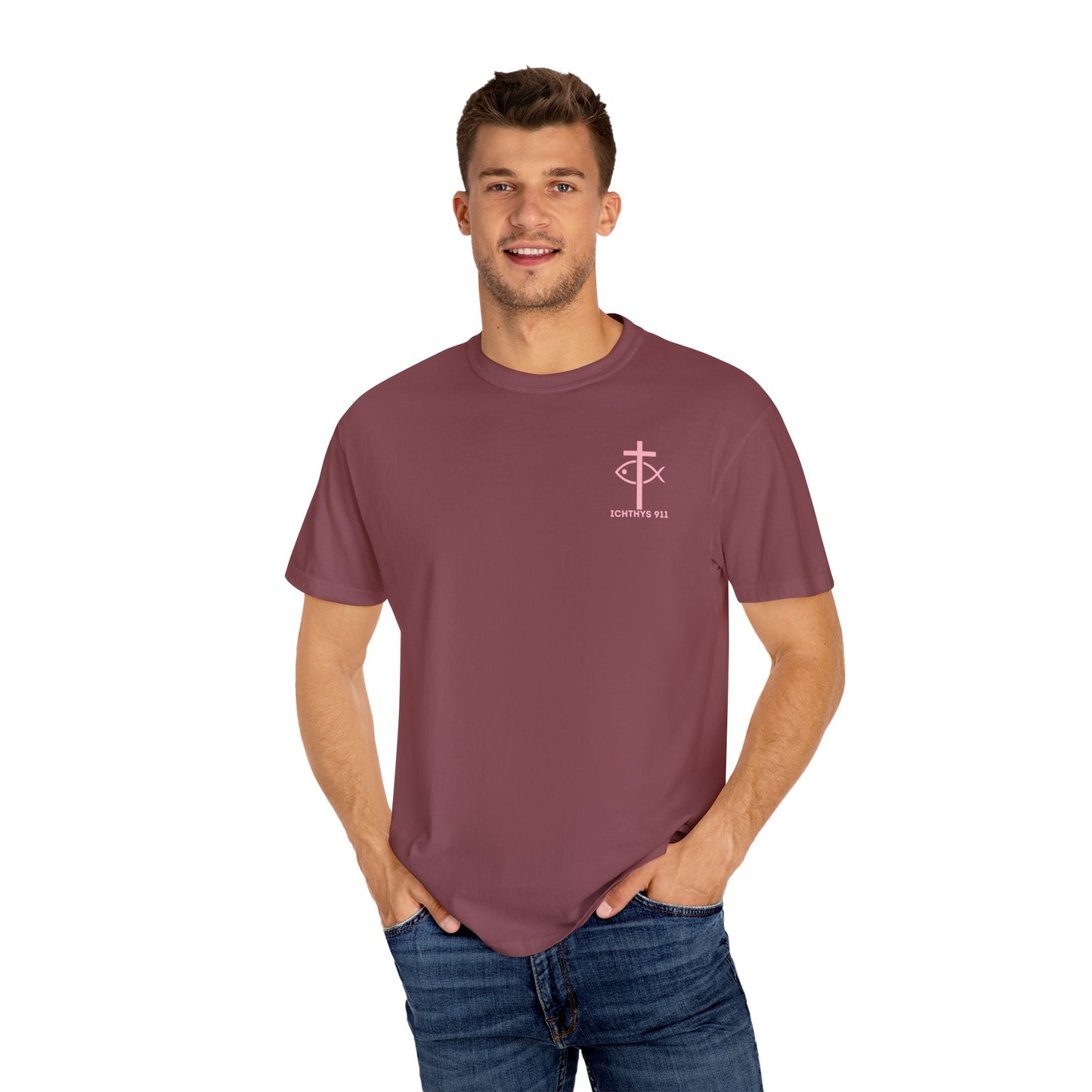 ICHTHYS 911 Pink Font "Badge Collection" - Unisex Garment Dyed T-Shirt 100% US Cotton - Christian Graphic Tee - Gym - T - Christian Faith - Jesus Wear - Women T-Shirt - Men T-Shirt - Garment Dyed