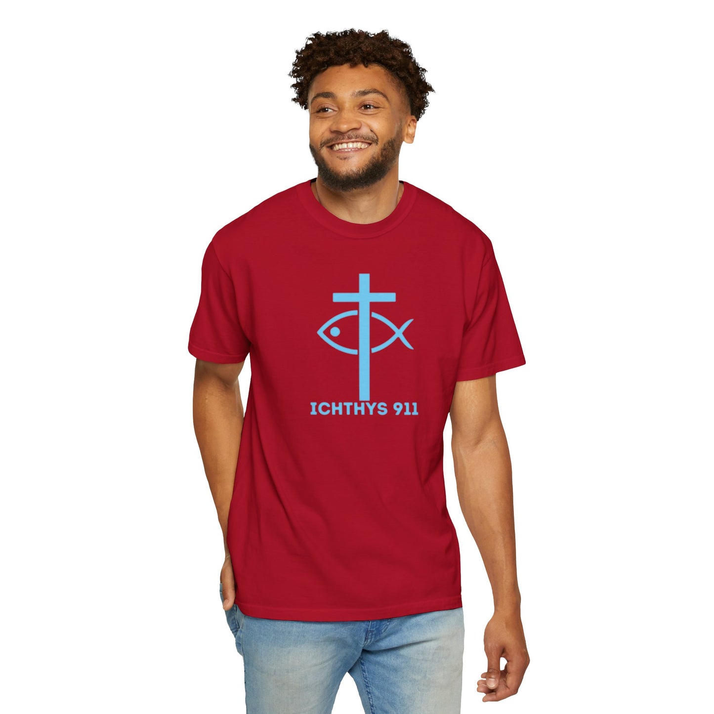 Authentic - Christian Streetwear T-Shirt – Jesus Gym & Faith Fashion, Unisex Garment-Dyed T-Shirt Blue Font - ICHTHYS 911