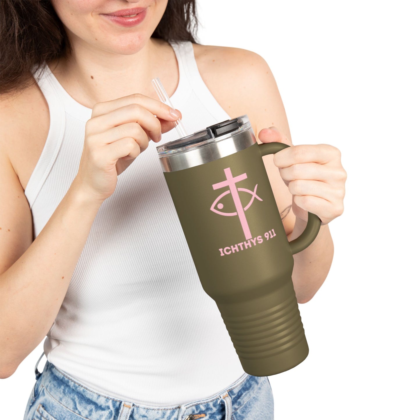 40oz Insulated Travel Mug with Straw - Perfect for On-the-Go Hydration & Outdoor Adventures - Featuring ICHTHYS 911