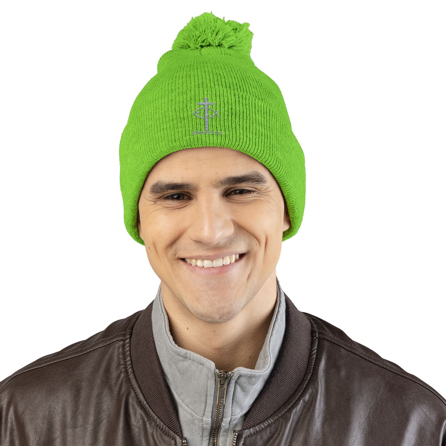 Cozy Pom-Pom Knit Cap | Winter Accessory with Embroidery - Christian Faith Wear - ICHTHYS 911 Design