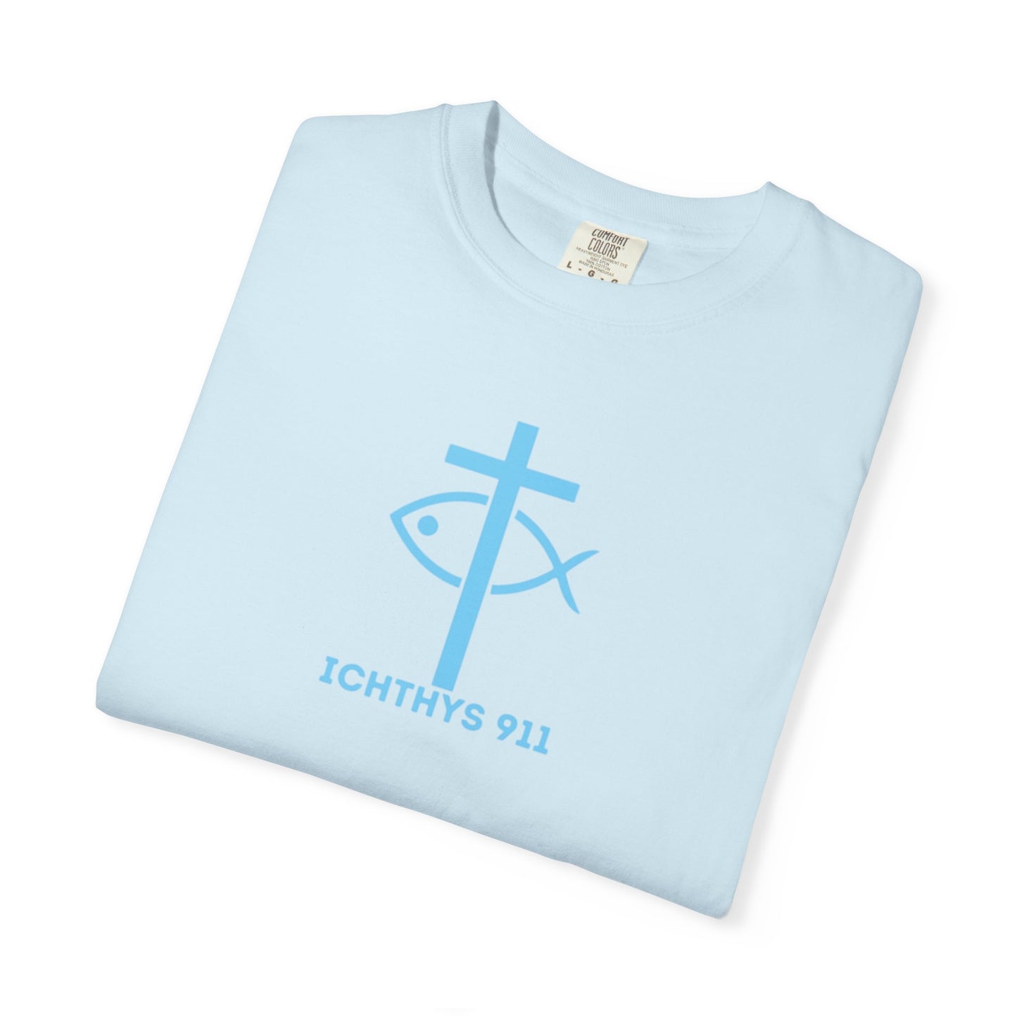 Jesus Christ Son of God Savior - Blue Font - Christian Streetwear T-Shirt – Jesus Gym & Faith Fashion, Unisex Garment-Dyed T-Shirt, ICHTHYS911, Men T-Shirt, Women T-Shirt