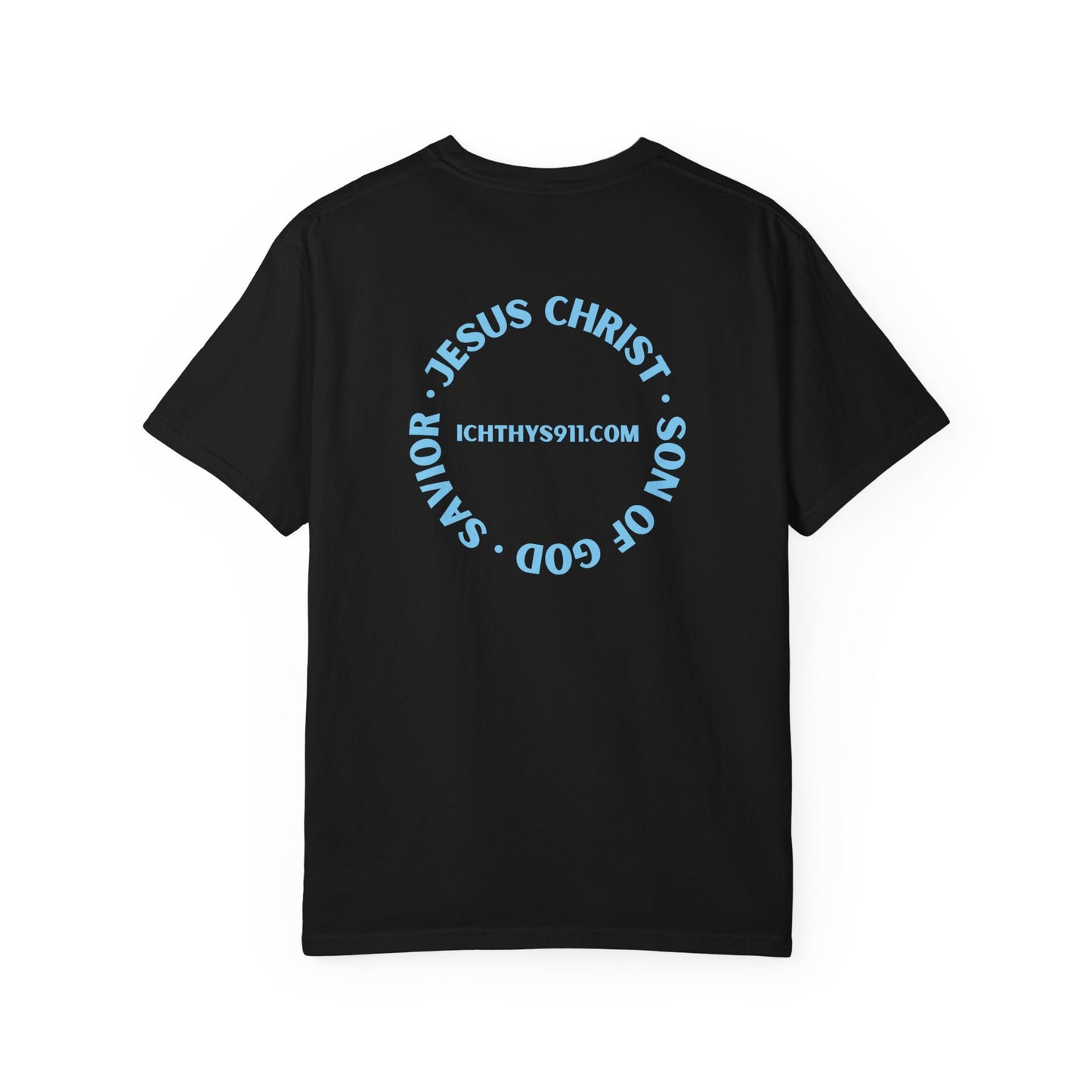Jesus Christ Son of God Savior - Blue Font - Unisex Garment Dyed T- Shirt - Men T-Shirt - Women T-Shirt - Christian Streetwear T-Shirt – Jesus Gym & Faith Fashion - ICHTHYS 911