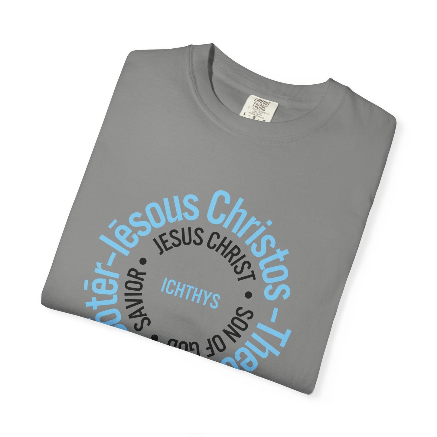 ICHTHYS 911 Blue & Black Font "Iēsous Christos, Theou Yios, Sōtēr" - Collection - Reverse Design - Unisex Garment Dyed - 100% US Cotton - Christian Graphic Tee - Gym - T - Christian Faith - Jesus Wear - Women T-Shirt - Men T-Shirt