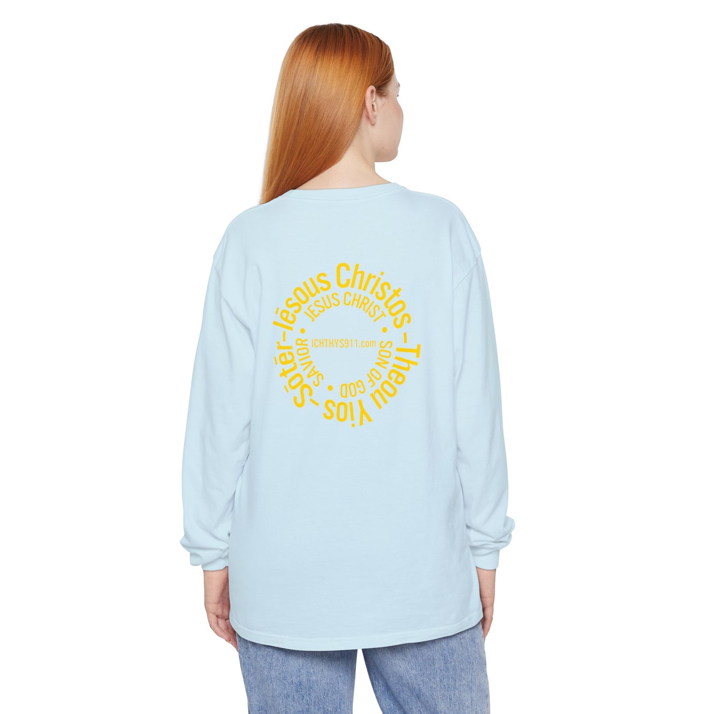 Authentic ICHTHYS 911 Collection -  Gold Font - Unisex Garment Dyed Long Sleeve T-Shirt - Men Long Sleeve - Women Long Sleeve - Christian Faith Symbol Tee - Faith Inspired