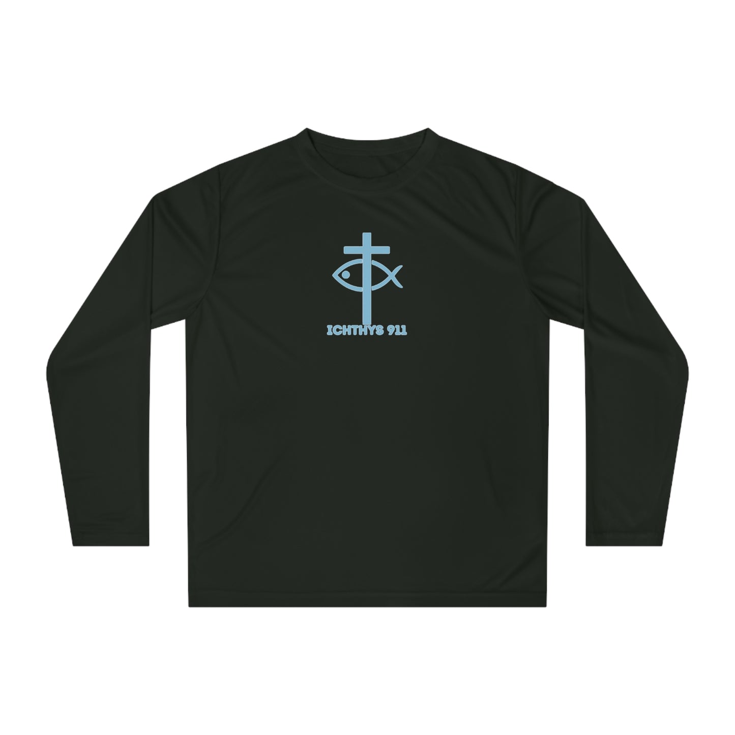 ICHTHYS 911 - Blue Font "13th Disciple" Unisex Performance Long Sleeve Shirt - 100% Moisture-Wicking Polyester - Men - Women - Christian Activewear Blue Font
