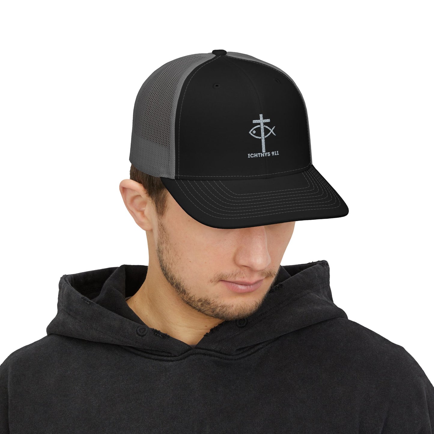 ICHTHYS 911 Embroidered Snapback Trucker Cap - Faith-Inspired Outdoor Hat - Jesus