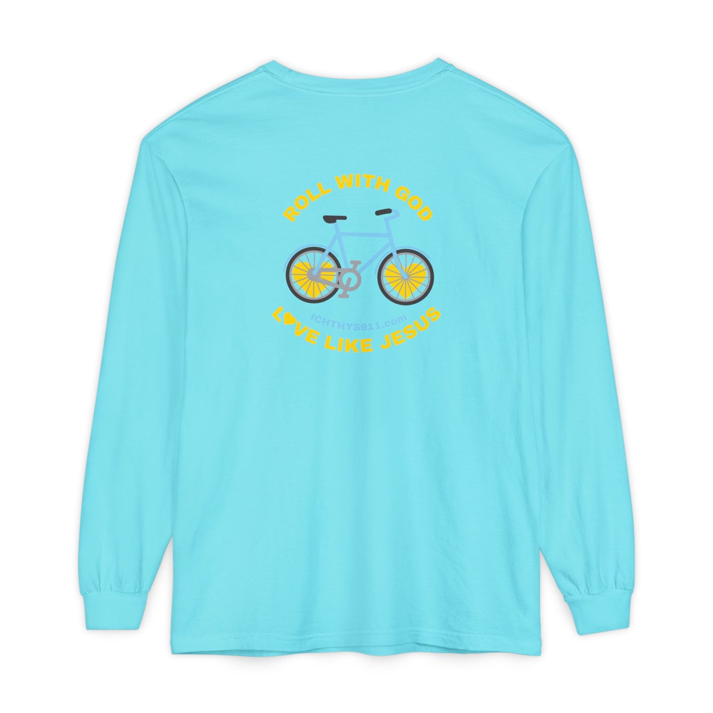 “Roll With God, Love Like Jesus” Bike Graphic -Unisex T- Shirt - Gold Font - Men T- Shirt - Women T-Shirt - Christian T-Shirt - ICHTHYS 911 - Soft - Garment-Dyed