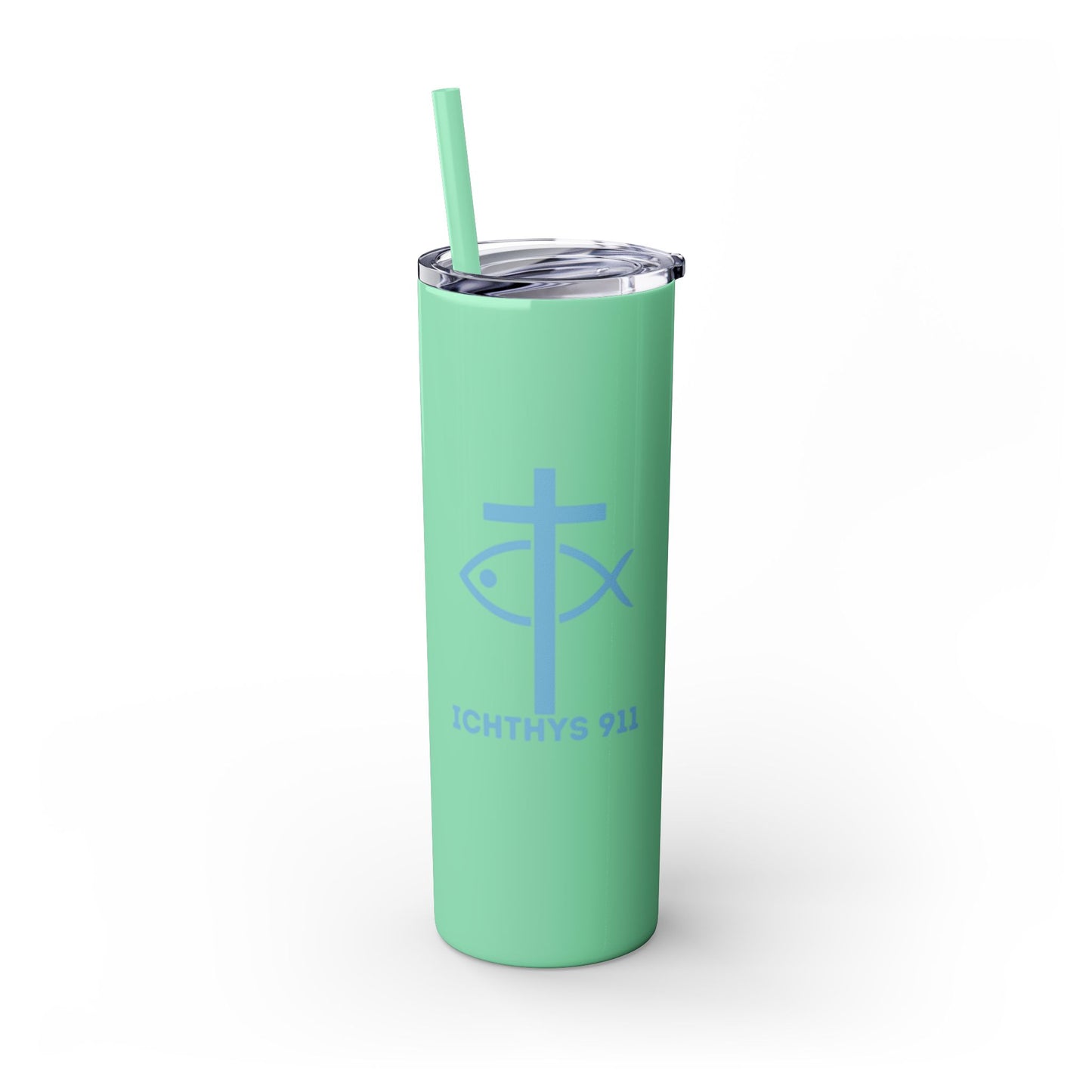 ICHTHYS 911 - Blue Font - Faith-Inspired Skinny Tumbler with Straw - 20oz Baby Shower Drip