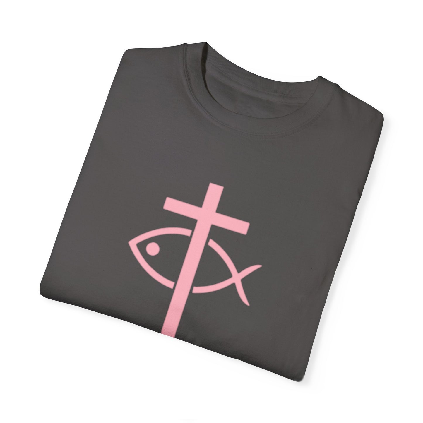 ICHTHYS 911 - Authentic - W/O IC 911 on Back -Christian Streetwear T-Shirt – Jesus Gym & Faith Fashion, Unisex Garment-Dyed T-Shirt Soft Pink Font