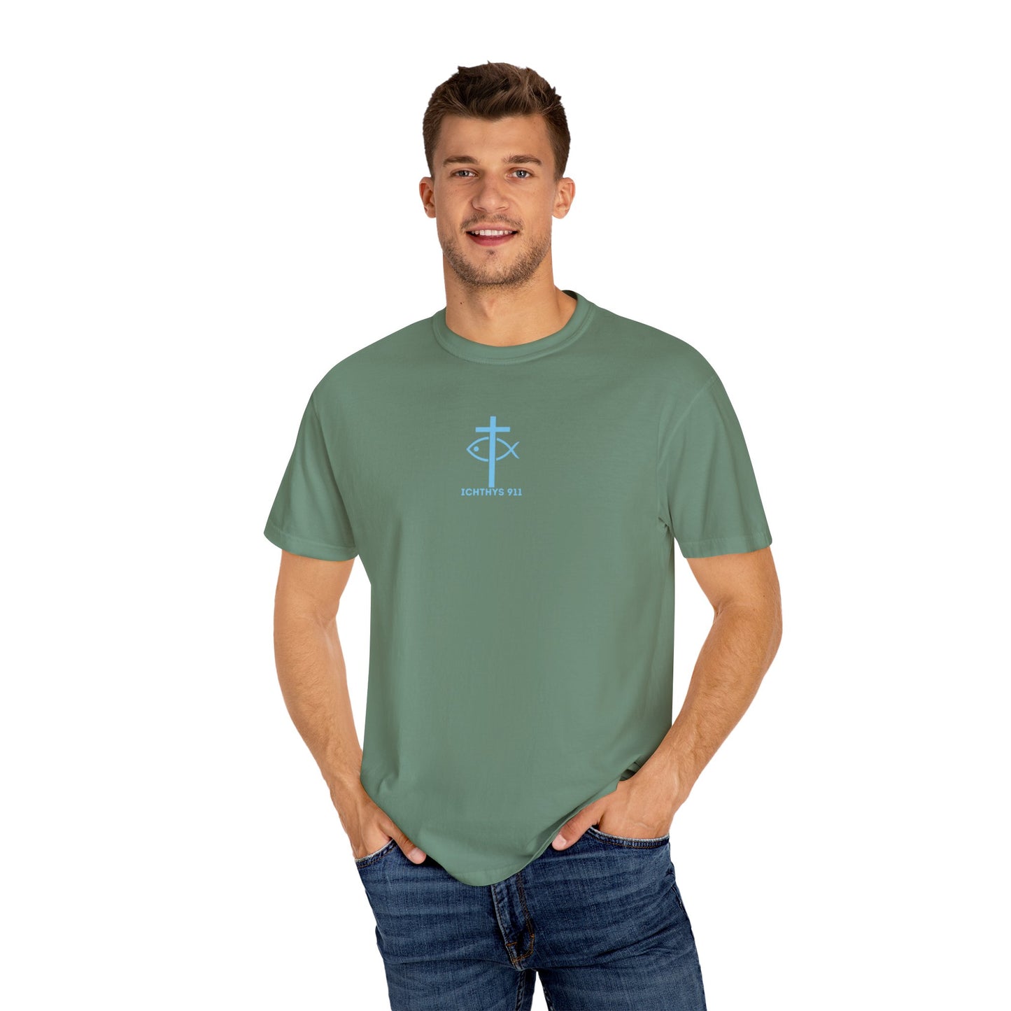 ICHTHYS 911 - Blue Font - Vendor - "Iēsous Christos, Theou Yios, Sōtēr" - Garment-Dyed Unisex T-Shirt - Men T-Shirt - Women T-Shirt - Christian Symbol - Greek - Faith Inspired -Christian Streetwear – Jesus Gym & Faith Fashion, Unisex Garment
