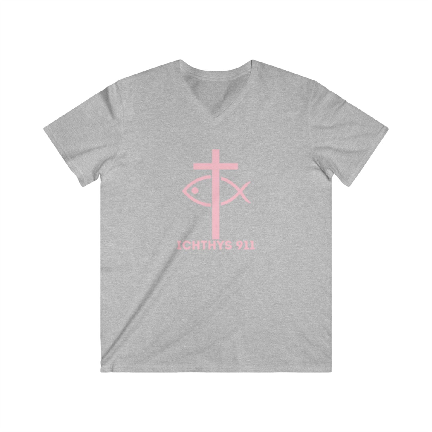 ICHTHYS 911 - Authentic Collection - Men's Fitted V-Neck Short Sleeve T - Shirt - Faith-Inspired - Christian Faith - W/O IC 911 on Back - Light Pink Font