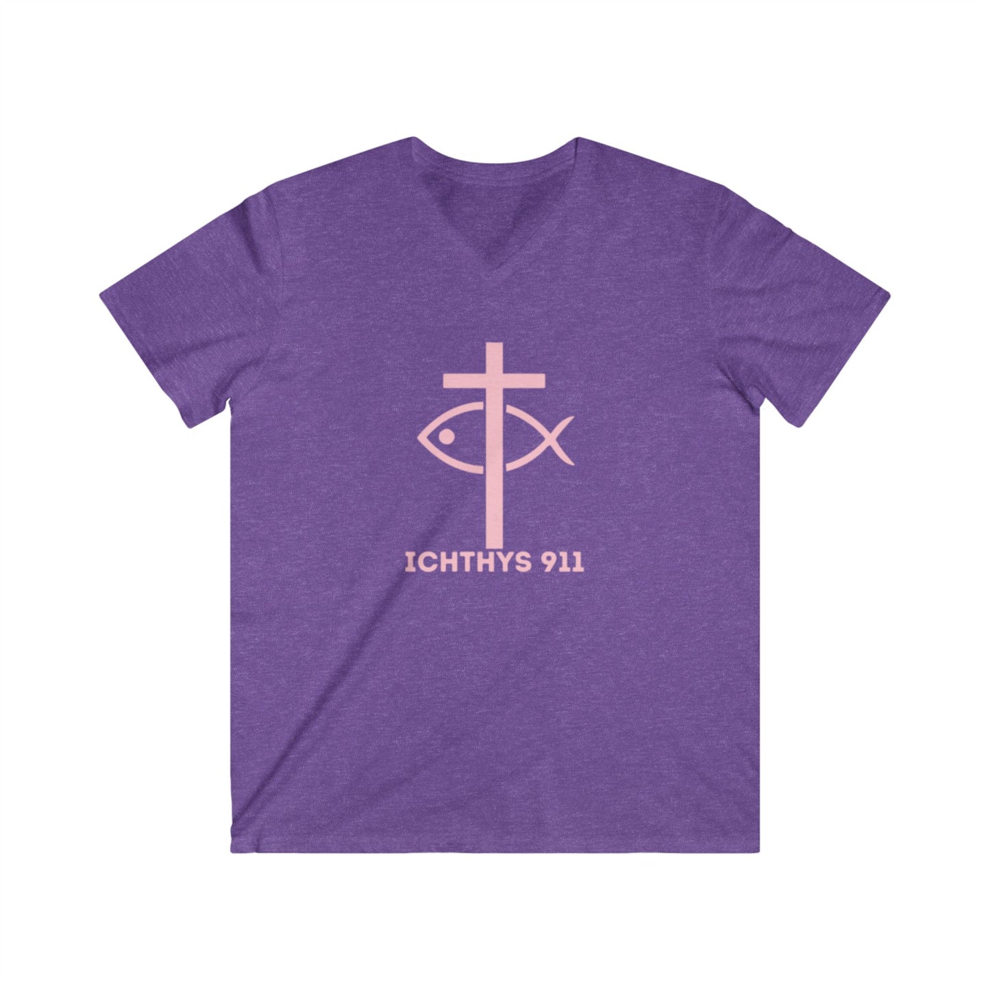 ICHTHYS 911 - Authentic Collection - Men's Fitted V-Neck Short Sleeve T - Shirt - Faith-Inspired - Christian Faith - W/O IC 911 on Back - Light Pink Font