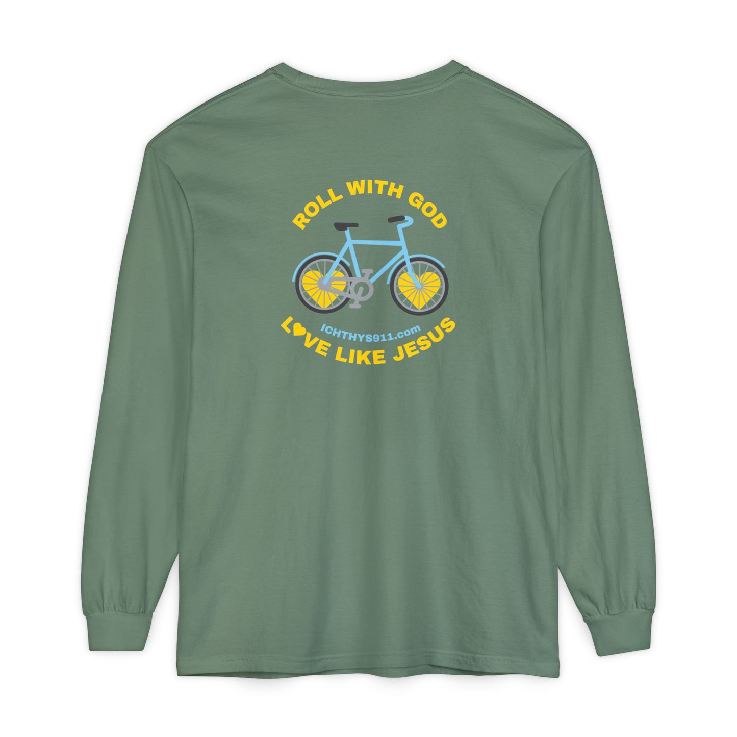 “Roll With God, Love Like Jesus” Bike Graphic -Unisex T- Shirt - Gold Font - Men T- Shirt - Women T-Shirt - Christian T-Shirt - ICHTHYS 911 - Soft - Garment-Dyed