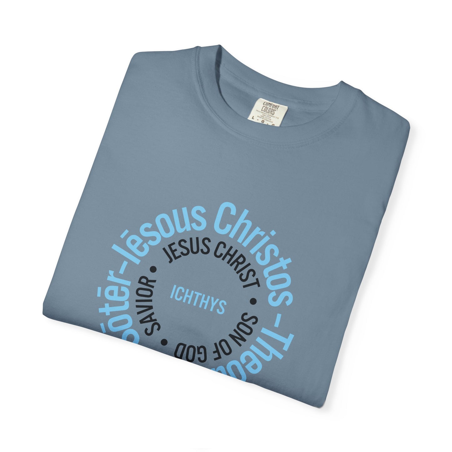 ICHTHYS 911 Blue Font "Iēsous Christos, Theou Yios, Sōtēr" - Reverse - Collection - Unisex - Christian Graphic Tee - Gym - T - Christian Faith - Jesus Wear - Women T-Shirt - Men T-Shirt